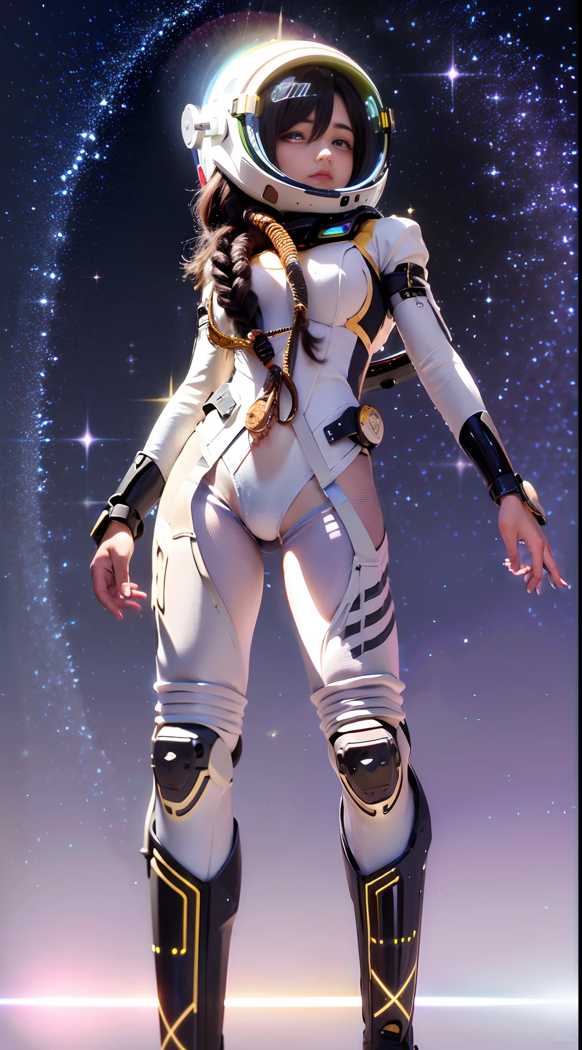 (tmasterpiece:1.2),best qualtiy,In space,(nigh sky,medium lenght hair:1.2),(illustratio:1.2),lindo cenario,dreads,(Elaborate luminescence,lens flare glow),(Hyper-detailing),Hyper-detailing,(exquisitedetails),(complexdetails),(Movie light,Best quality backlight),清晰的线条,New world,peeping at the viewer,Solo Woman,(Space Girl,the space),Oriental women,The girl looks like a Chinese movie star,Solo Woman,Perfect body,Beautiful 16 year old girl,(1girll),(Bright bioluminescent hair,bright glowing eyes),(galaxias,Alien planet),(Astronaut wearing sexy futuristic style white fitted spacesuit:1.1),The material of the spacesuit is light and thin,Latex tight spacesuit,The chest of the spacesuit shows the starry sky,Slightly closed eyes,(cyber punk perssonage),(dyna:1.3),(putting makeup on)),hight contrast,(The best lighting,Extremely refined and beautiful),((Movie Moonlight)),Extremely colorful,((Photoshop Pastel Painting:1.1)),aethereal,(Movie Masterpiece),suspense,Funk,(Starskrim),splash of color,absolutly eye-catching,((Caustics)),dynamic angle,big breasts beautiful(detailed glow),(spine-chilling),(Intricate movie scenes behind it:1.2),Environmental occlusion, (Ambient moonshine), ray-traced reflection, intricately detailed visible background , (Glowing spacesuit), terroral, (Bioluminescent vegetation:1.2), terroral, uneasy, A futuristic, terroral, (Hologram head-up display), (Delicate Great Comet)