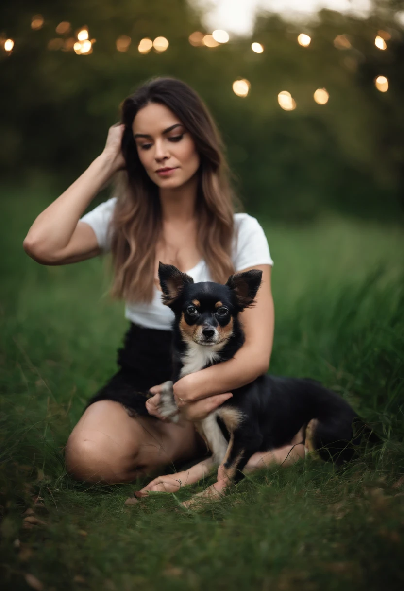 Create a girl with long, black hair sitting on the grass holding a Chihuahua