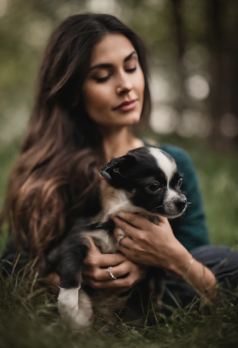 Create a girl with long, black hair sitting on the grass holding a Chihuahua