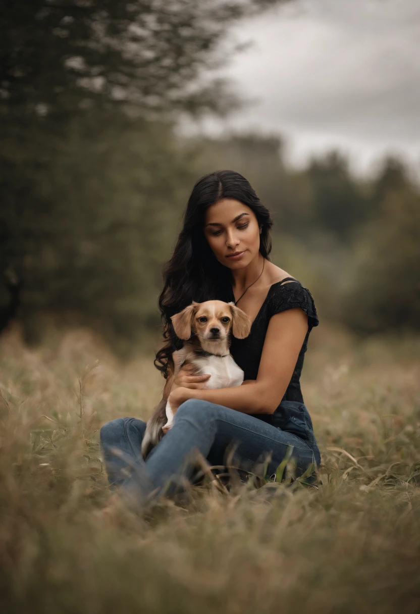 Create a girl with long, black hair sitting on the grass holding a Chihuahua