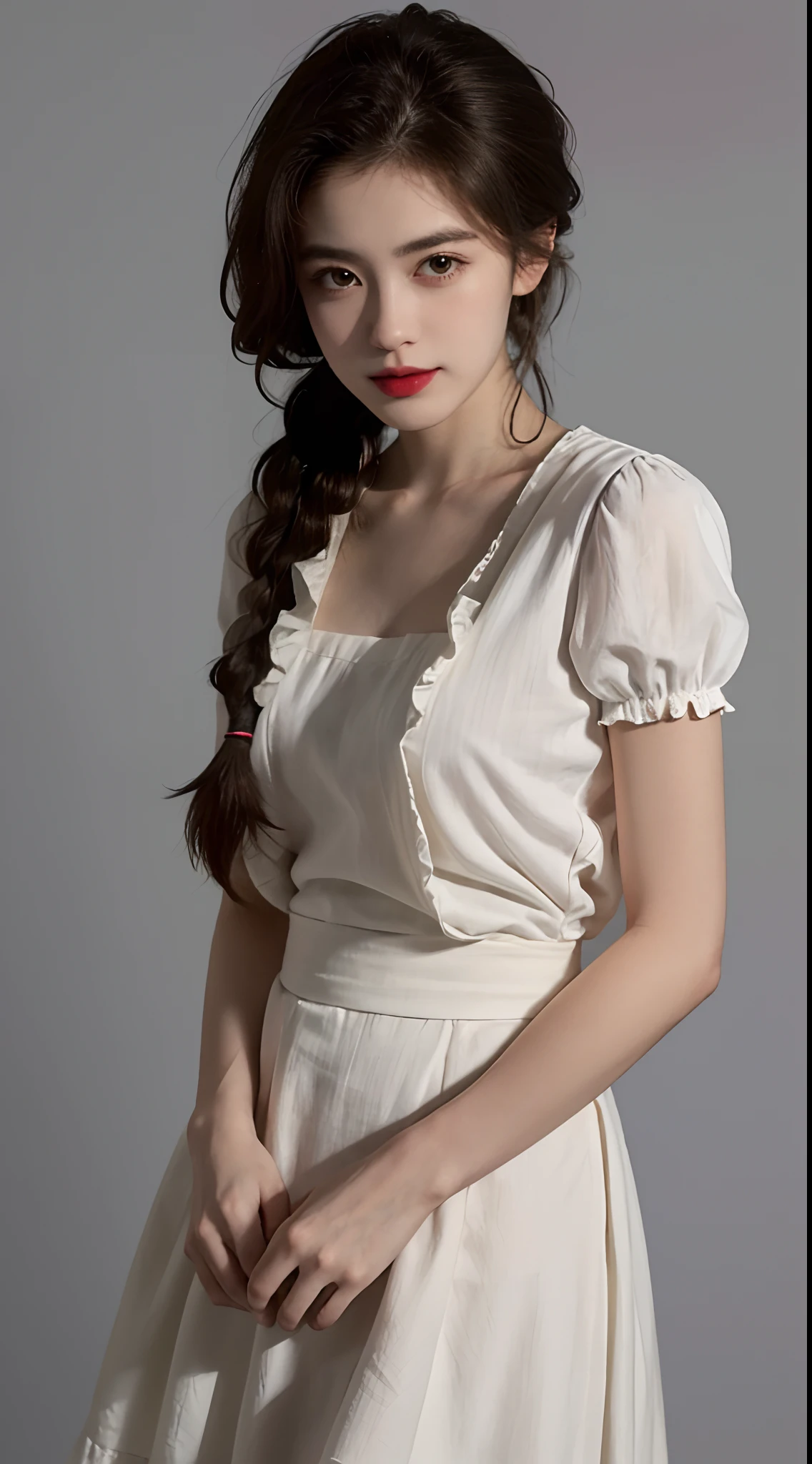 Top quality, Masterpiece, hyper HD, (Photorealistic: 1.4), RAW photo, 1 girl, ssmile，Redlip，English maid, Crumpled maid Katyusha, pony tails, Braided hair, Ruffle blouse, Ribbon Ties, aprons, Long skirt, Puff sleeves, White silk socks, Glowing skin, Victorian, No gray background, Place your hands behind your back，Court