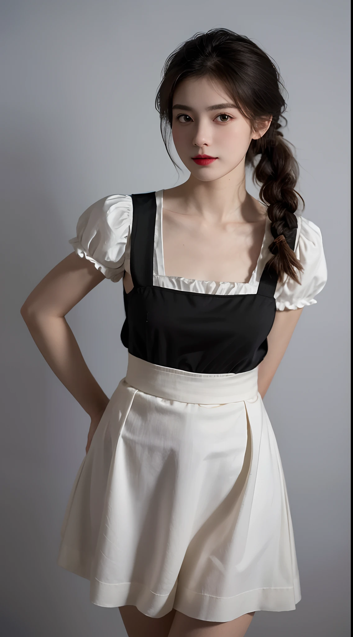 Top quality, Masterpiece, hyper HD, (Photorealistic: 1.4), RAW photo, 1 girl, ssmile,Redlip,English maid, Crumpled maid Katyusha, pony tails, Braided hair, Ruffle blouse, Ribbon Ties, aprons, Long skirt, Puff sleeves, White silk socks, Glowing skin, Victorian, No gray background, Place your hands behind your back,court