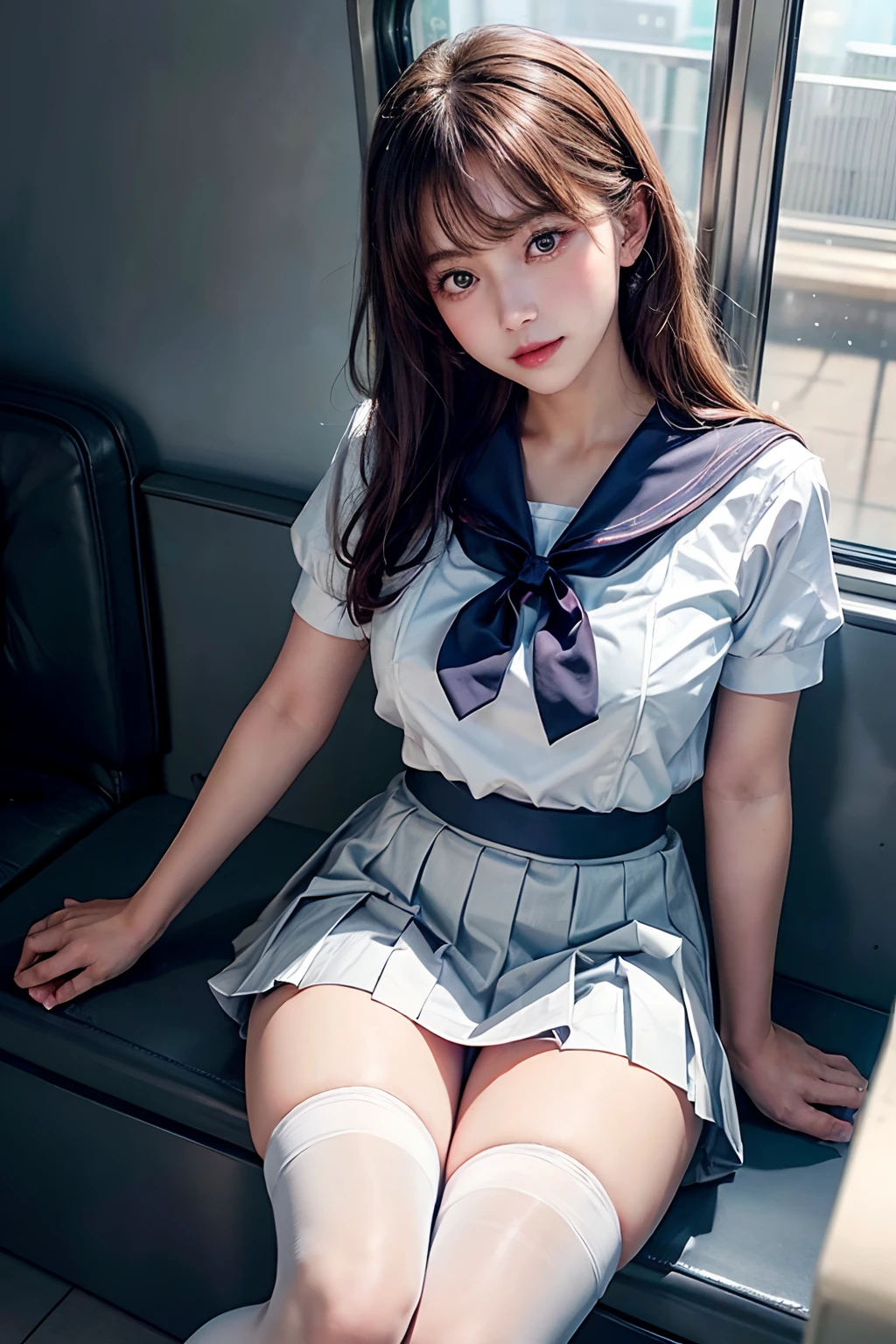 top-quality,ultra-detailliert,​masterpiece,realisitic,Photo Real,Bright lighting,1 girl in, an extremely beautiful 17-year-old girl, (kawaii:1.2),Thin smile, (Brown eyes),(brown haired),(bangss),perfect glossy skin,flawless skin,((erotick,Sexy and sexually explicit)),((accurate hands without incongruity)), large full breasts,big breasts thin waist, Look at viewers,((a sailor suit)),((Short sleeve uniform white shirt)),(red necktie),(Blue Mini Pleated Skirt),(((skirt lift by yourself))),(lifted by self),(Showing panties),panties on,panties focus,((Sit up,spread legswide)), sockes, (Black knee socks),(Loafer shoes), during daytime,On the train,Horizontal long seat with your back to the window