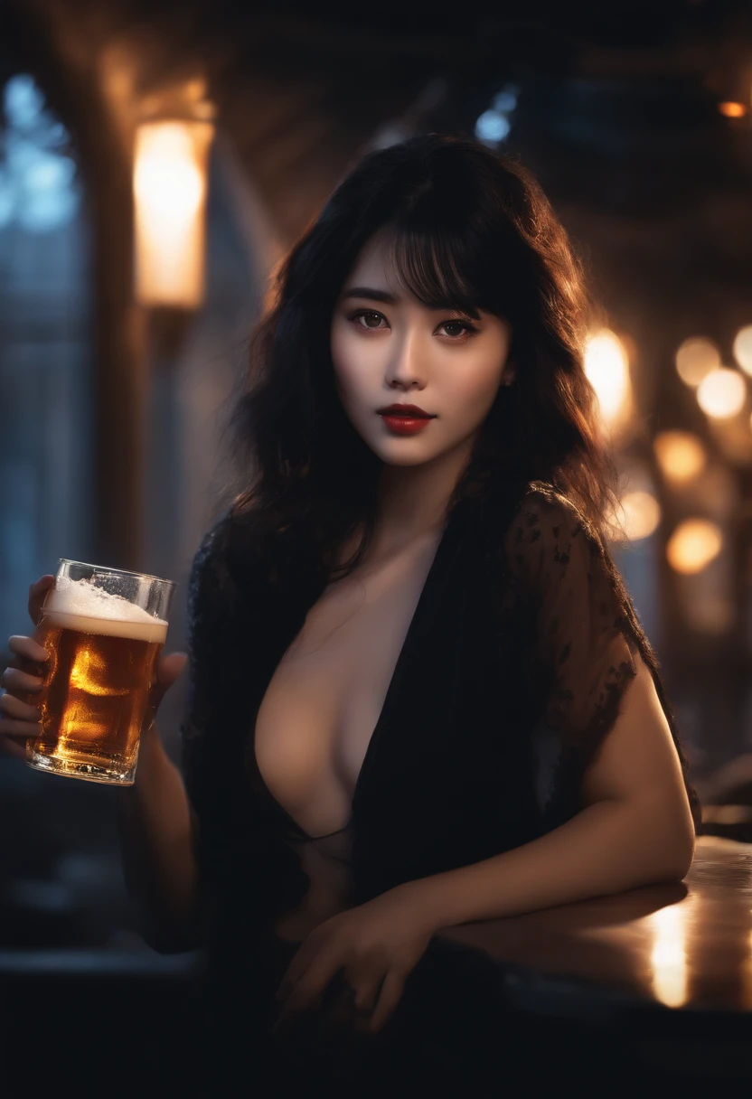 hightquality、1girl in, Night, Dark, Black hair, Looking at Viewer, Upper body, face to the viewer, limited palette, Black background, blazing,Holding a beer in your hand