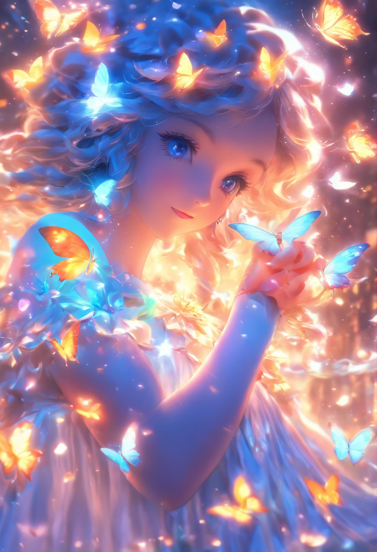 one-girl,(full bodyesbian:1.5),Elves in flowers,A pair of transparent butterfly wings,Colorful wings,(A skirt composed of petals:1.5),The petals float into the sky,(Petals of various flowers),best qualtiy,tmasterpiece,Photorealsitic,Photorealistic image quality,The dawn effect,Beam light