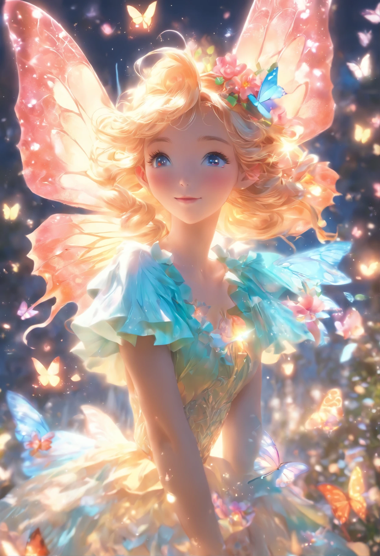 one-girl,(full bodyesbian:1.5),Elves in flowers,A pair of transparent butterfly wings,Colorful wings,(A skirt composed of petals:1.5),The petals float into the sky,(Petals of various flowers),best qualtiy,tmasterpiece,Photorealsitic,Photorealistic image quality,The dawn effect,Beam light