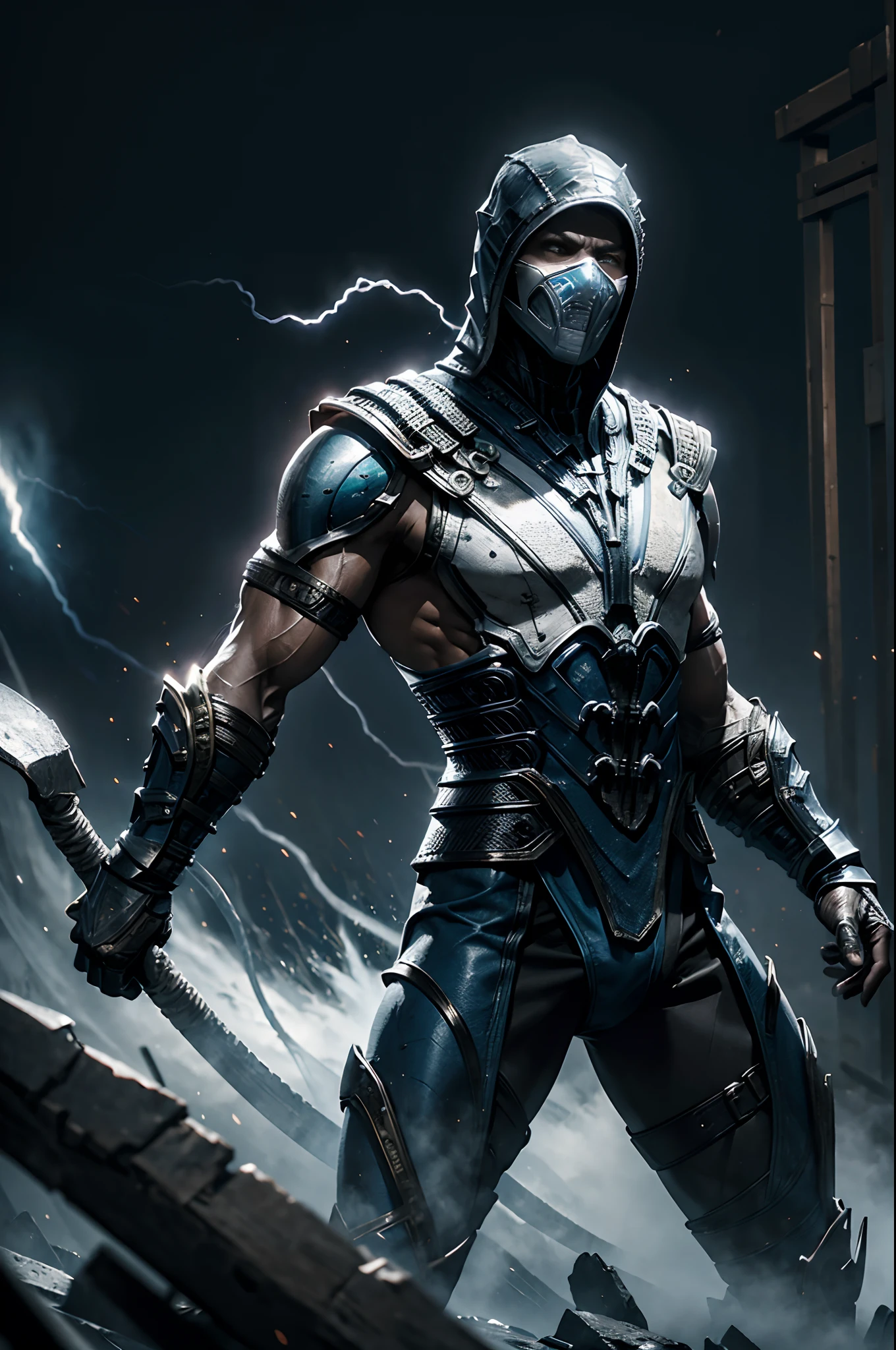 ((Subzero do mortal Kombat, ultra realistic)), (((corpo inteiro))), ((perfect hands)), atordoante, hyper realistic, octan render, surrounded by the effect of smoke and lightning, Estilo Mortal Kombat, fundo antigo, elegante, atordoante, (papel de parede), arte conceitual, detalhes intrincados, altamente detalhado, ((cinemactic)), Dramatic, (extremely high quality, Concedido, master part:1.5), (fotorrealista:1.5), fotografia, Realistic photo, Nikon, Luz Natural, 4k, highes definition, XF IQ4, 150MP, 50 millimeters, ISO 1000 Certification, 1/250 Anos, Luz Natural, Adobe Lightroom, photolab, Photographic Affinity, PhotoDirector 365,