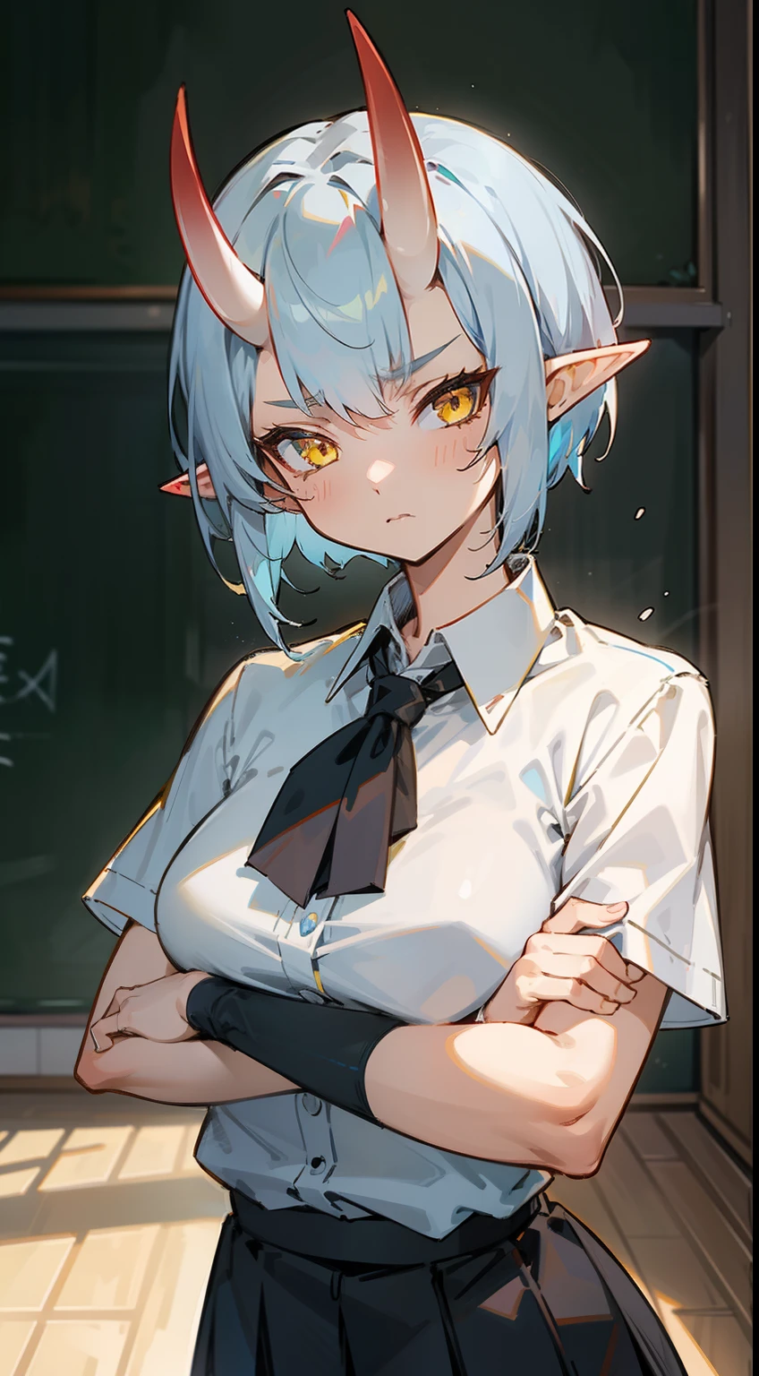 1oni girl,solo,serious face,white shirt,black skirt,light blue hair, short hair,,yellow eyes,elves ears,mature female,oni horns,masterpiece,hd,best quality,4k,classroom,crossed arms