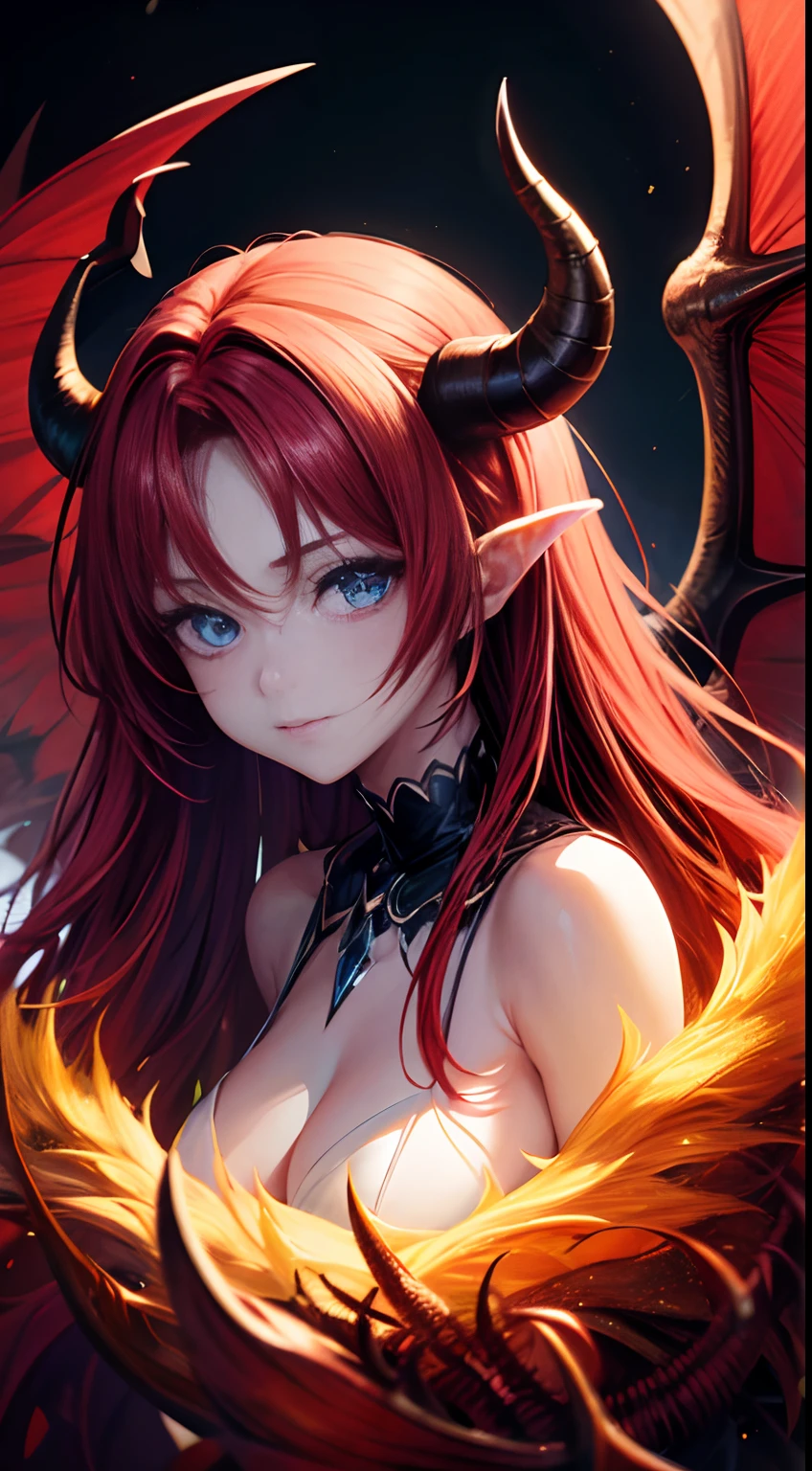 "An anime girl with blue eyes and long red hair, accompanied by demonic wings, a demonic tail, and a demonic horn. The artwork should have the best quality, high resolution, and vibrant colors. It should be in the style of a portrait, with soft lighting illuminating the scene."