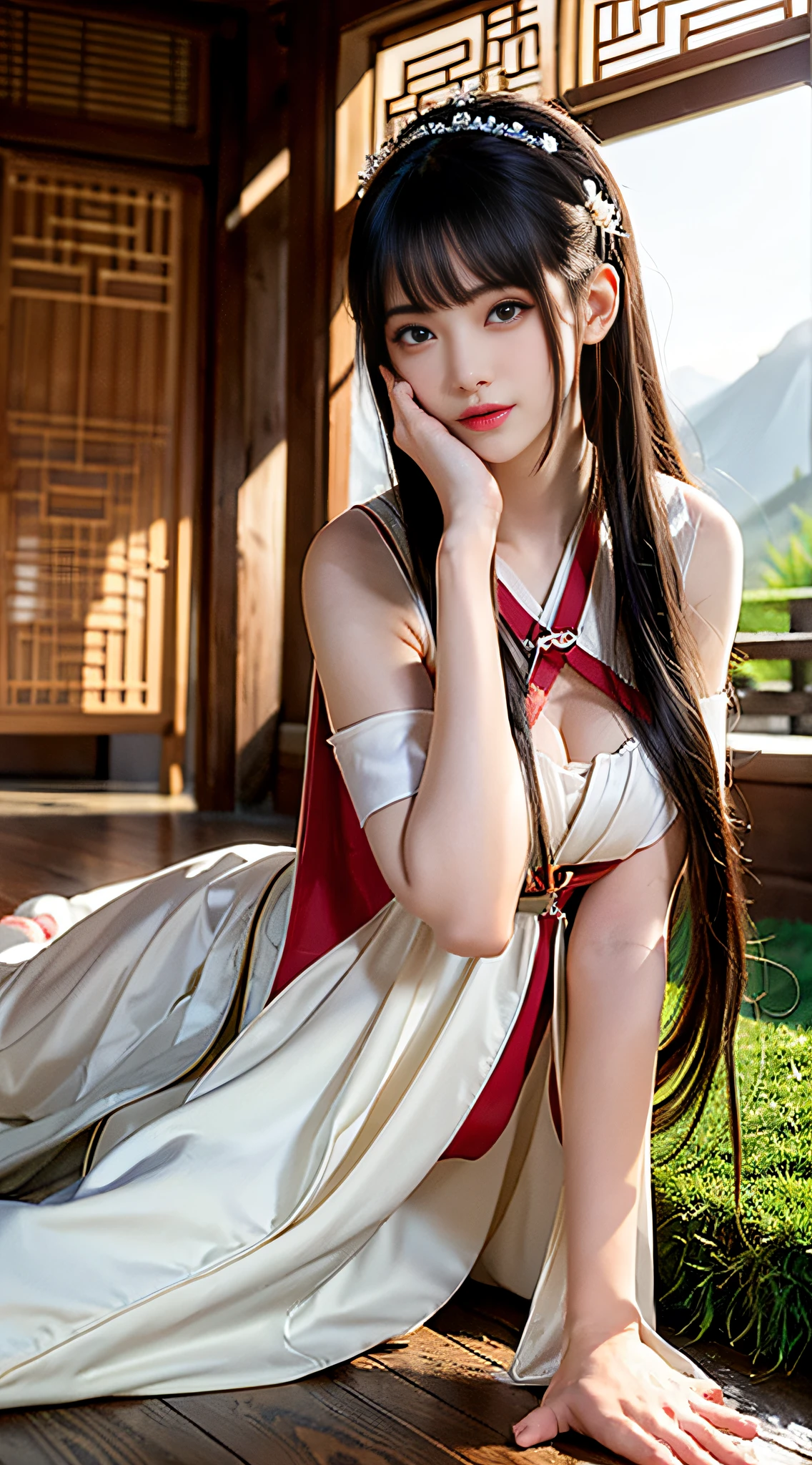 ((1girll)), Solo, Lie down in bed, Bed in the garden,(Half ),Holding, Round fan, Paper fan, Bo Hanfu, Smoky, ((Red curtain)), Red lantern, (Bamboo), Tile roof, Silk Hanfu, cropped shoulders,dudou, hindquarters, Legs, (Green trees, artificial mountain,Flowers, Green leaves), Wooden windows, doors, Bed, stone,traditional architecture, wall, Chinese Garden, Long hair, looking at eachother, full bodyesbian, Breasts, Lips, bangs, nase, Closed mouth, Medium breasts, (Masterpiece, Extremely detailed, Best quality, A high resolution:1.2),(Supergianthugebreasts_Detailed, hyper HD:1.2),(Pisif:1.3),lighting perfect,distinct ,Perfect face,Detailed face,Beautiful eyes,(Bright Skin:1.3),heartthrob,