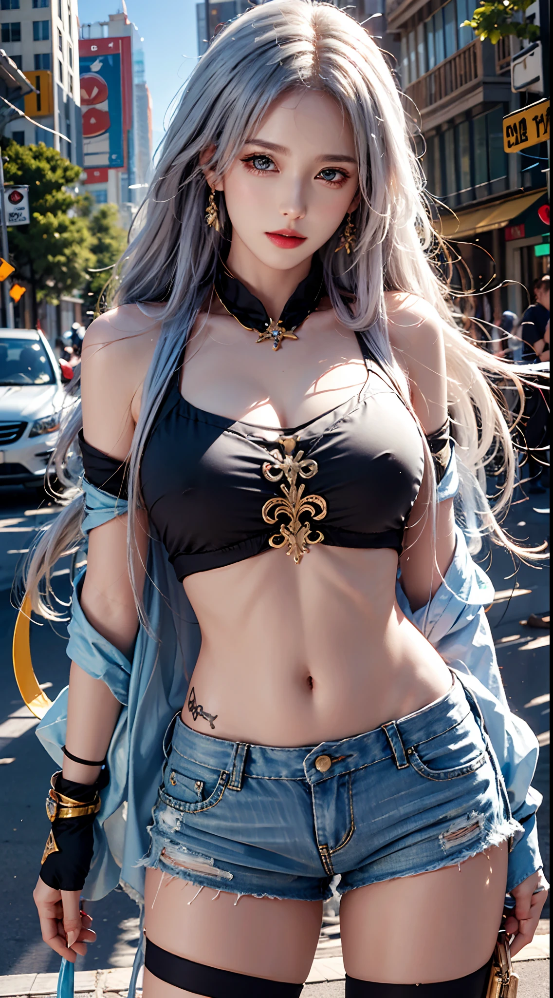 photorealistic, high resolution, soft light, 1women, solo, hips up, dynamic pose, shining skin, jewelry, tattoo, street wear, t-shirt, shorts