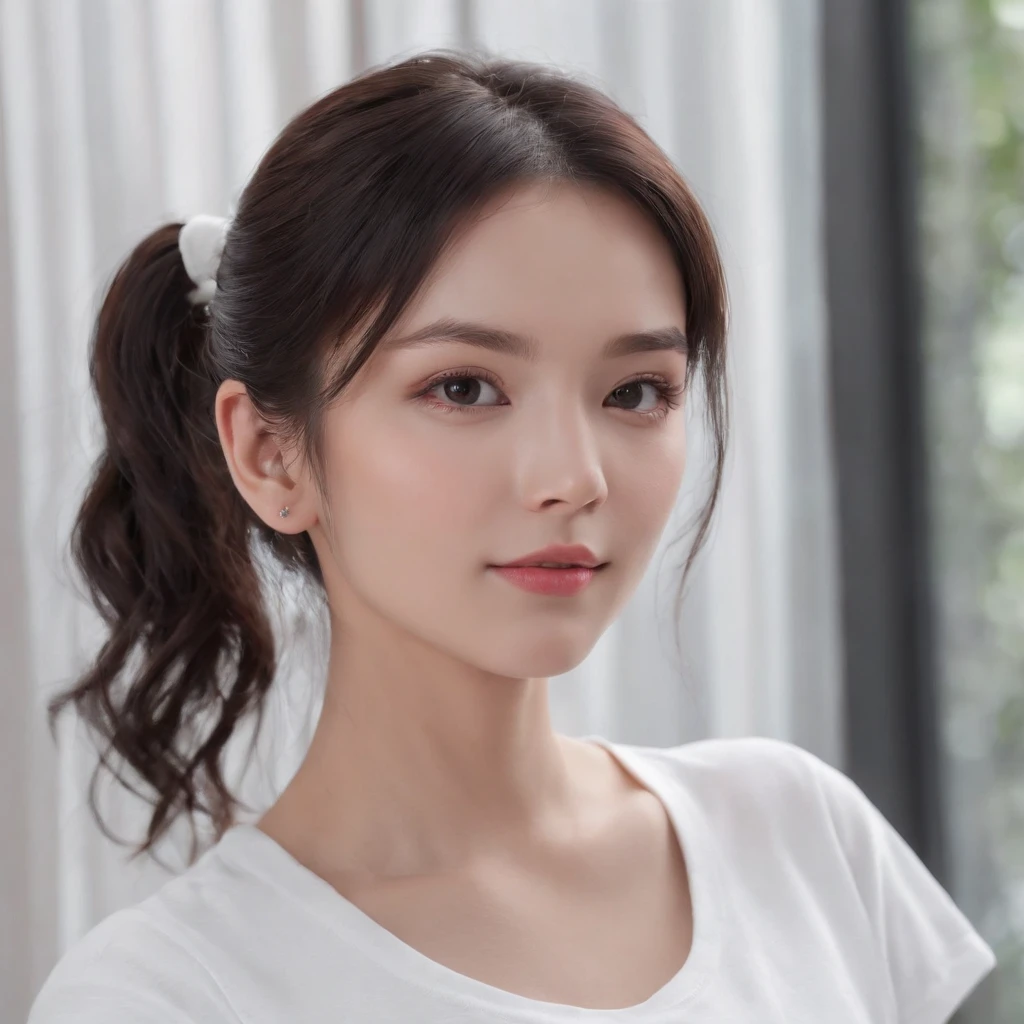 (photo: 1.3) af (realism: 1.4), (((white T-shirt))), (black hair, twin tails), super high resolution, (realism: 1.4), 1 girl, female avatar, Soft light, short hair, facial focus, cheerful, young, confident, ((gray background)), (((monochrome background))), high definition, details, slightly looking up, perfect picture, movie quality, ultra high definition, female avatar , beautiful girl, young and pretty, delicate face, elegant and luxurious