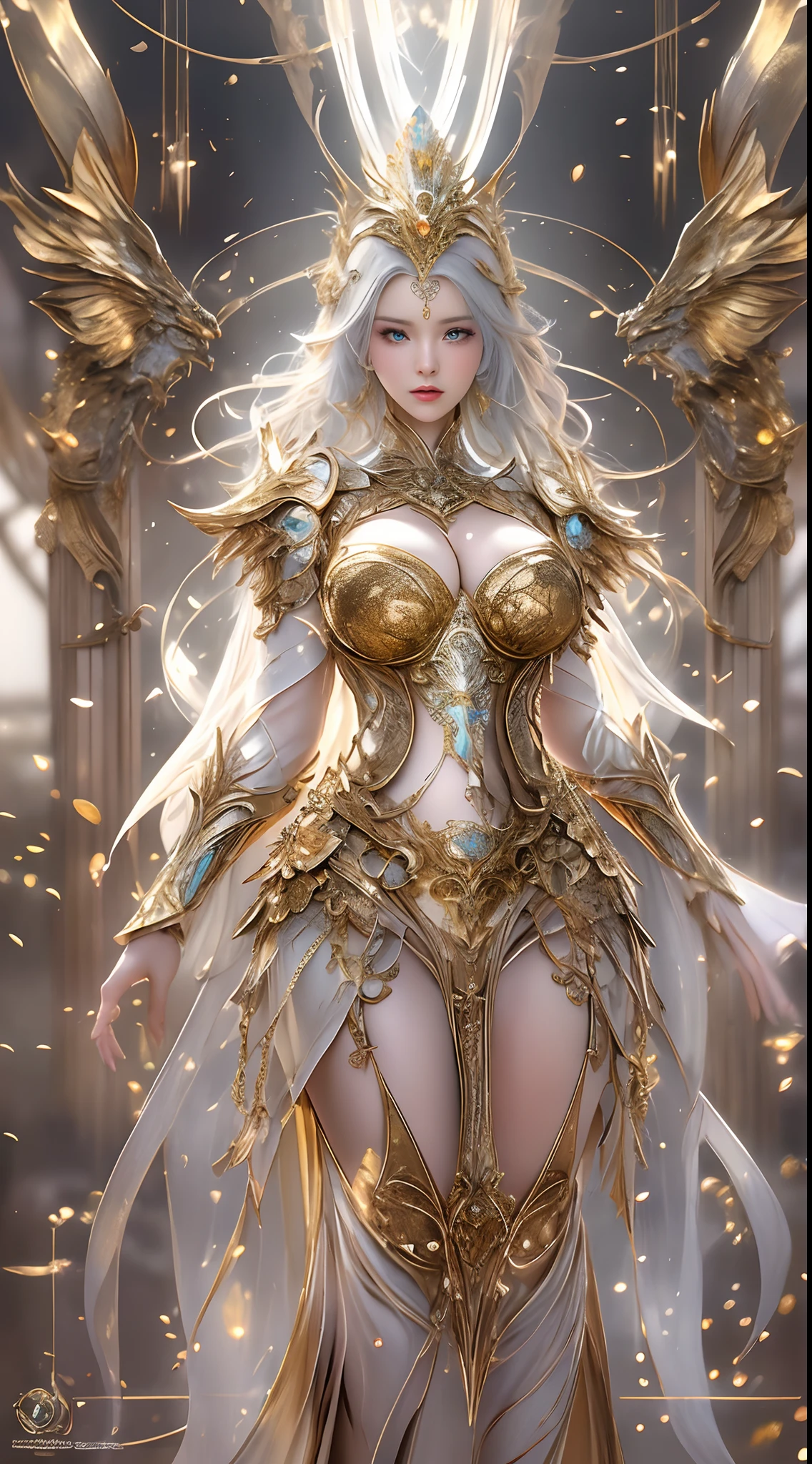 Woman in a golden transparent dress,view the viewer,(((Huge breasts, Large cleavage))),Slim waist,(navel baring,Bare waist), Long hair, Ultra-detailed details,High-end Zhenyi station, Rainstorm site, detailed fantasy art, Stunning character art, Beautiful and exquisite character art, Beautiful gold and silver armor, Extremely detailed, Girl in shiny armor, Exquisite tiaras and jewelry,Crystal jewelry filigree, milky ways, Stunning visuals, (dynamic streaks, light tracks:1.2), Vibrant colors,