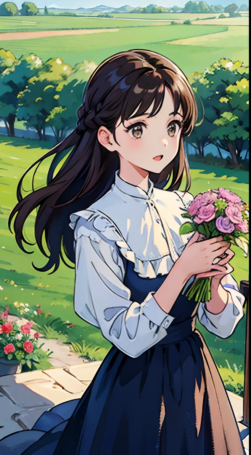 (Watercolor in Sargent style)、(top-quality、masterpiece)、Soft light、View of the Cotswolds,Old farmhouse、rivulets、flower bloom、One lady、dark brown hair、Braided hair、White blouse and long skirt、picnic、Sing happily alone on the hill、Stand like an opera、Open your mouth and open your hands、Holding a bouquet of flowers in your hands、