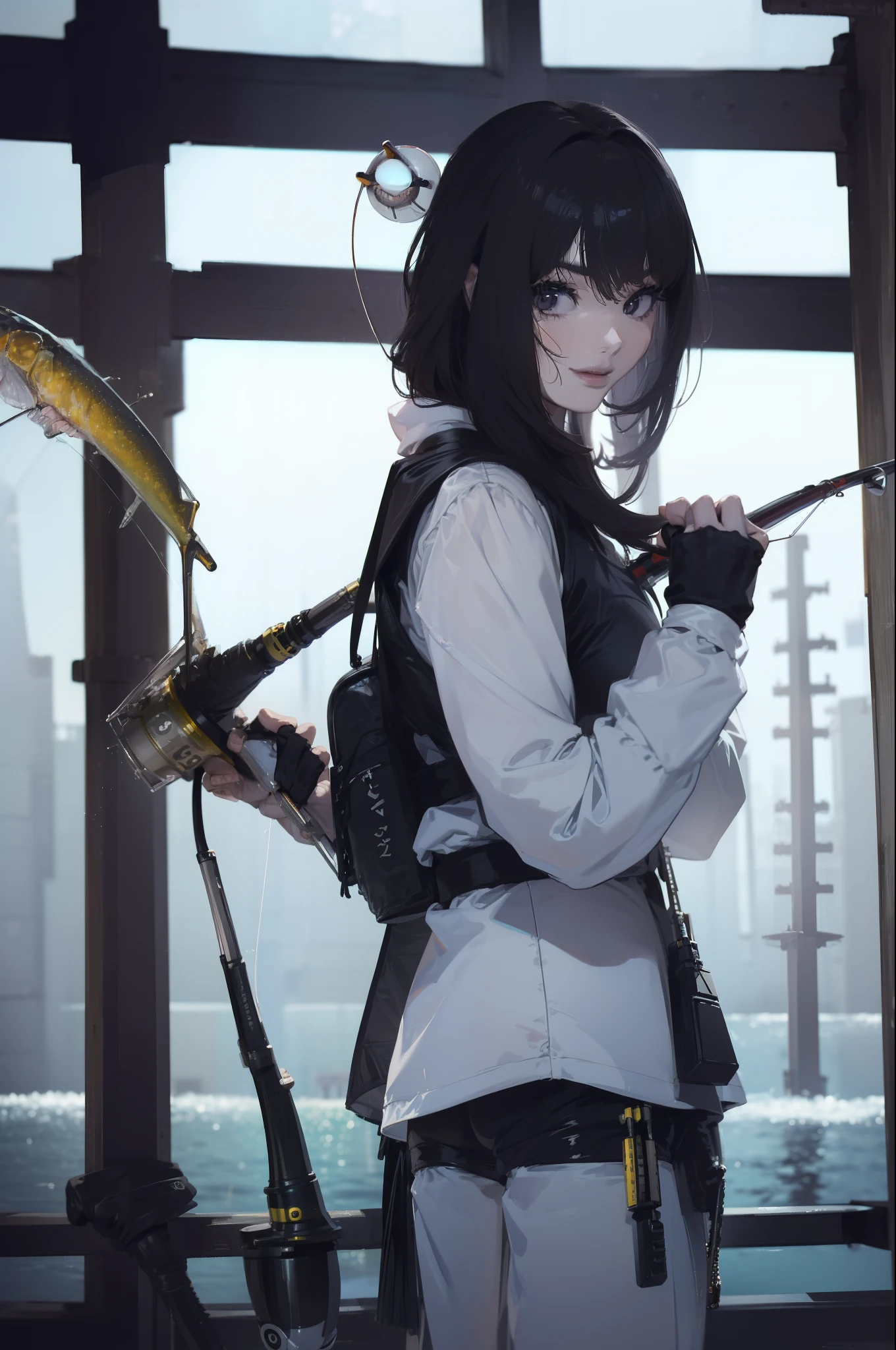 ((((Have a fishing rod with a reel:1.5)))),((Female 28 years old)),((Best Quality:1.5)),(((Hands with the correct number and structure of fingers:1.4))),((Lakeside:1.37)),hight resolution,ultra-detailliert,masterpiece,best qualtiy,(Eight-headed body),(1 fishing rod,Holding a fishing rod in your hand,Fishing lure rod,Fishing Reel,with long sleeve hood,Outdoor Vest,parka,Long pants for fishing,Big backpack),thin and long legs,Beautiful hip line,Beautiful spine,constricted back,Toned waist,beutiful breast),(Fine fingers、Ratio 4 fingers and 1 thumb、detailed arms、detailed human hands),Gentle smile,shiny lip,(1 fishing rod,Straight stretch fishing rod,Long fishing rod,Woman fishing with fishing rod in hand),Black hair, long eyeslashes, Solid Circle Eyes, drop shadow, Atmospheric perspective,Super Detail, ccurate, small brest,top-quality, blurry backround, bokeh dof:1.2, (masterpiece:1.3), Atmospheric perspective,Super Detail,dynamic compositions, Ultra High Quality,