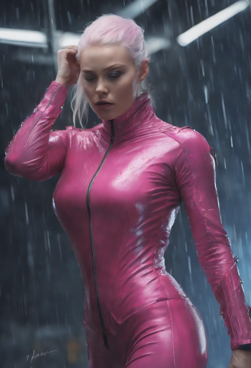 Anime style super instinctive Super Saiyan Vegeta, Platinum blonde hair, full bodyesbian, Wet skin, Wet hair, Night sky, rain, Hyperdetailed painting, Luminism, art by Carne Griffiths and Wadim Kashin concept art, 4K 分辨率, fractal isometrics details bioluminescens , a 3D render, rendering by octane, intricately details , Cinematic, Art Trends Isometric Center Hype Center of Gravity Cover Photo Awesome Full Color, handpainted , grittiness , Intricate, hit definition , Cinematic,Rough sketch, Bold lines, On paper.(RAW photo:1.2),Pink latex jumpsuit,Hollow-out on,Holt collar, latex shiny,tight-fitting,sweat leggs,White liquid, Pink body, wearing atsuko kudo latex outfit, wearing tight suit, Smooth pink skin, catsuits, Wearing latex, shiny plastic, shiny metallic glossy skin, The color of pink glow, latex outfit, chrome bodysuit, cyberpunk glossy latex suit, Shiny, futuristic glossy latex suit spread their legs M-shaped legs angry look sullenness Irritated,white liquid all over body,