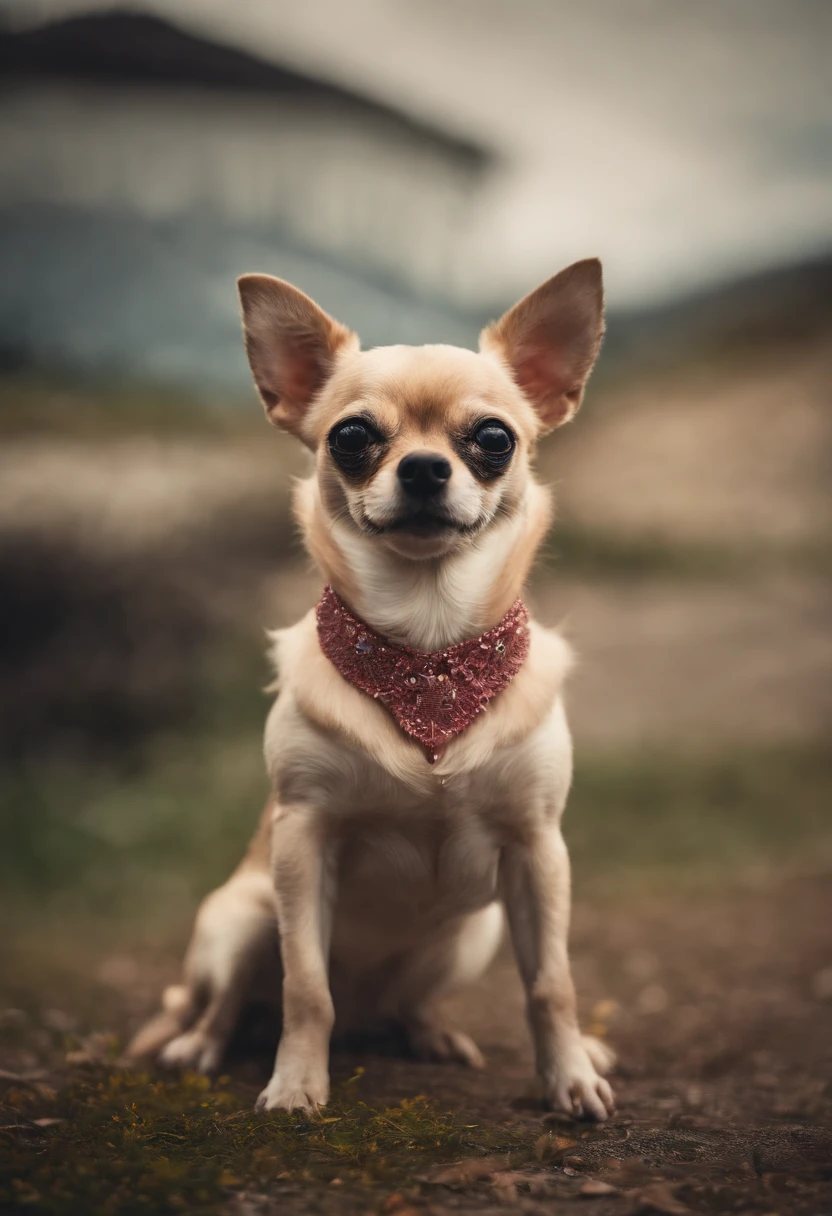 crie um chihuahua com vestido cor de rosa falando no celular