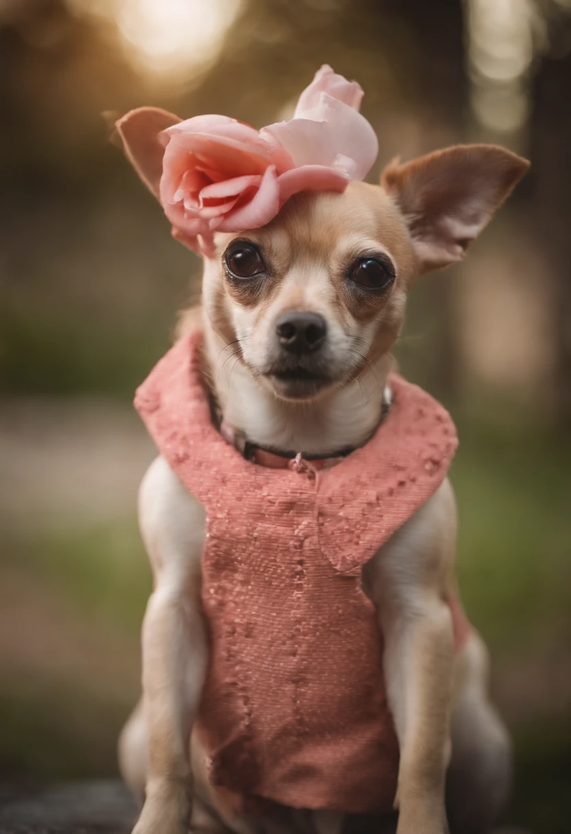 crie um chihuahua com vestido cor de rosa falando no celular
