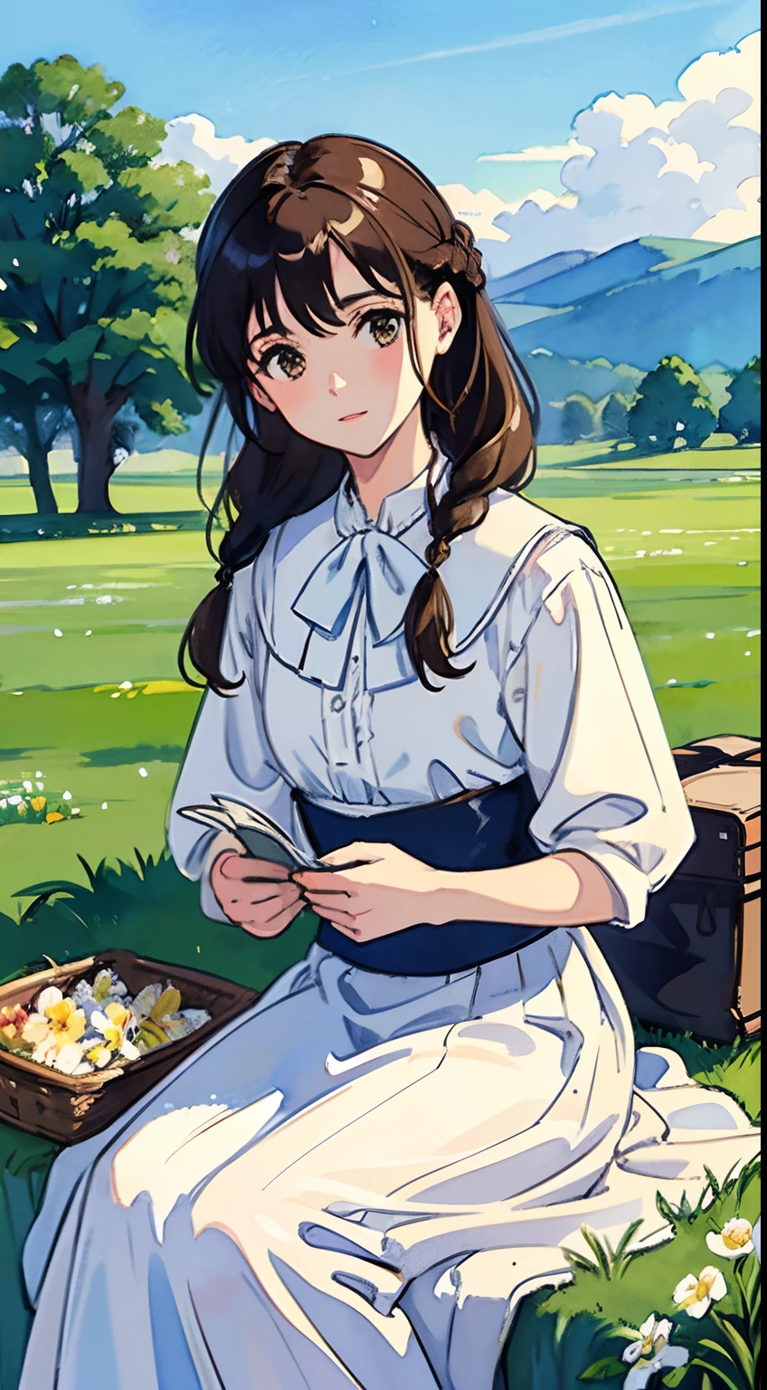 (Watercolor in Sargent style)、(top-quality、masterpiece)、Soft light、View of the Cotswolds,Old farmhouse、rivulets、flower bloom、One lady、dark brown hair、Braided hair、White blouse and long skirt、picnic、read a book、Boken、