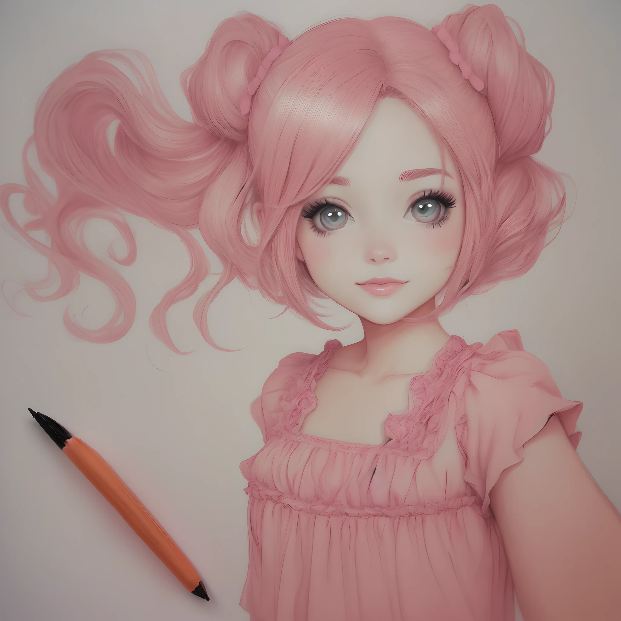 feminine cat, cat girl, pink fur, long hair, drawing