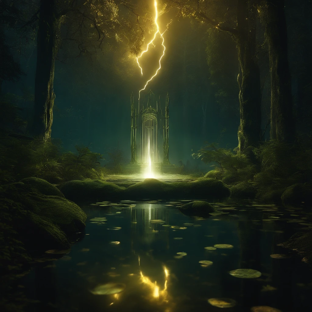 uv ,Create a portal in the middle of the forest with white fire around the portal and a swamp on both sides with golden lightning with coins falling like tamano uv rain
