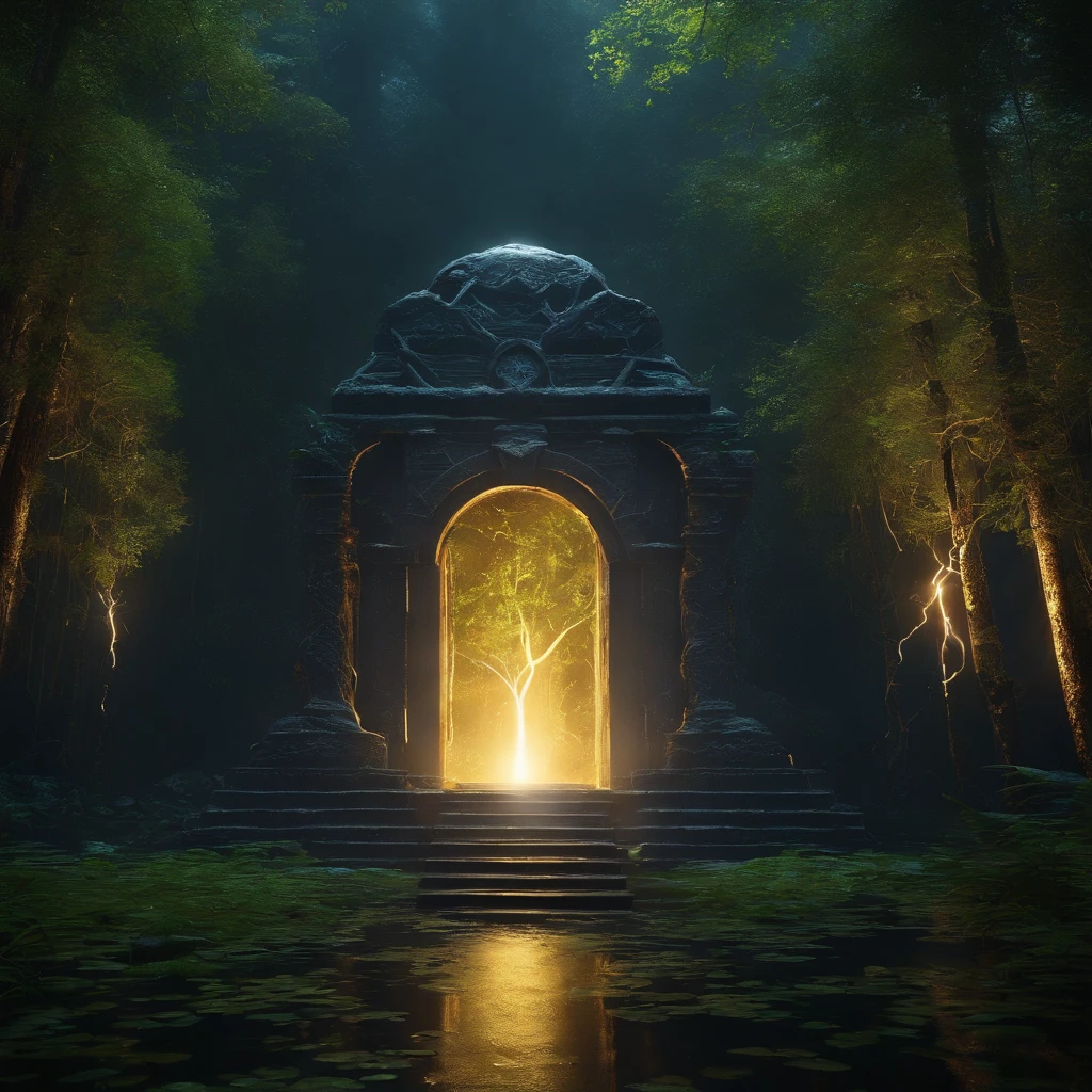 uv ,Create a portal in the middle of the forest with white fire around the portal and a swamp on both sides with golden lightning with coins falling like tamano uv rain