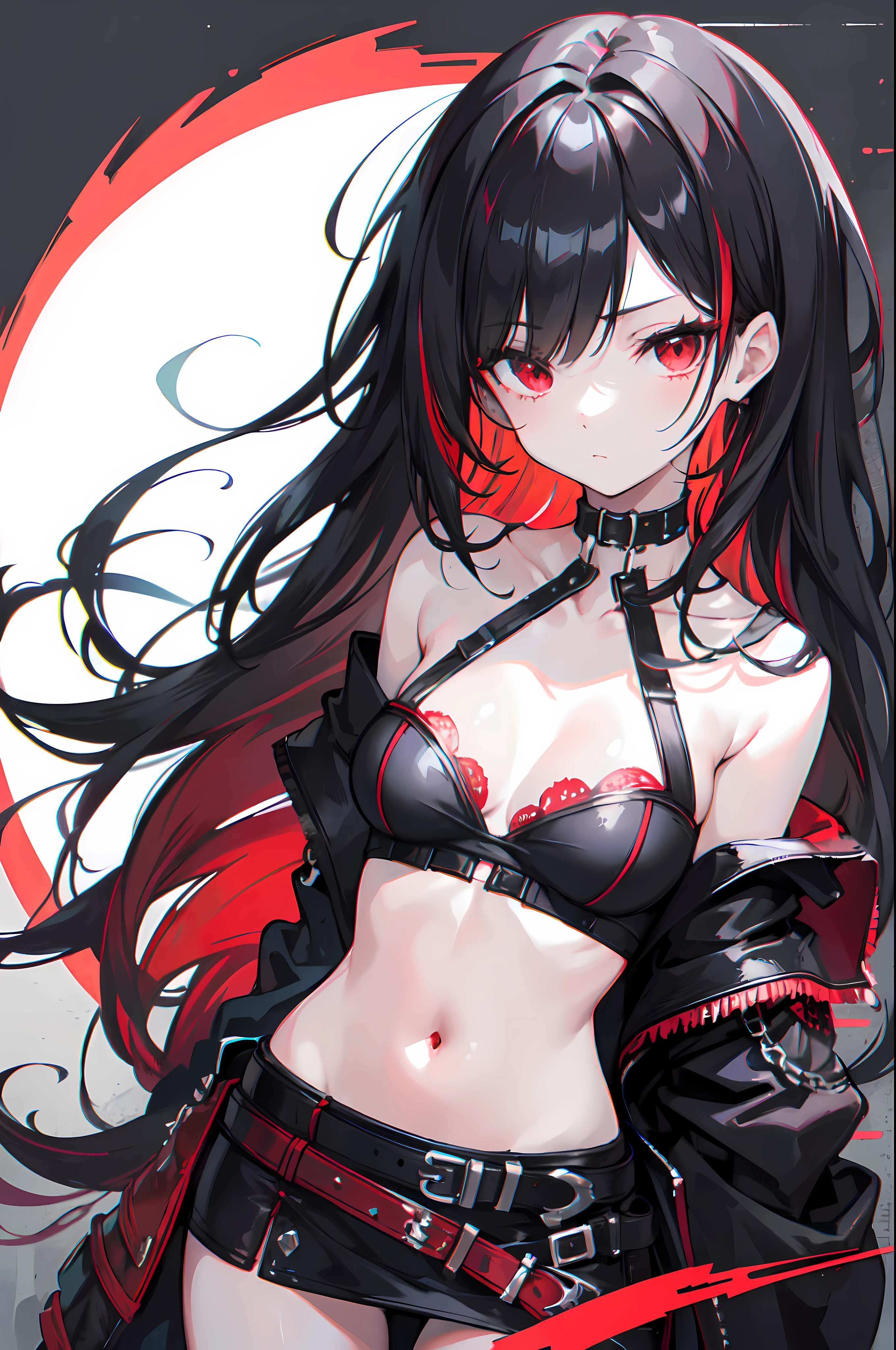 best quality, intricate details, chromatic aberration, 1girl, long hair, black hair, messy hair, red highlights, hair over one eye, red eyes, sharp eyes, choker,, , armbinder, arms behind back, bound arms,