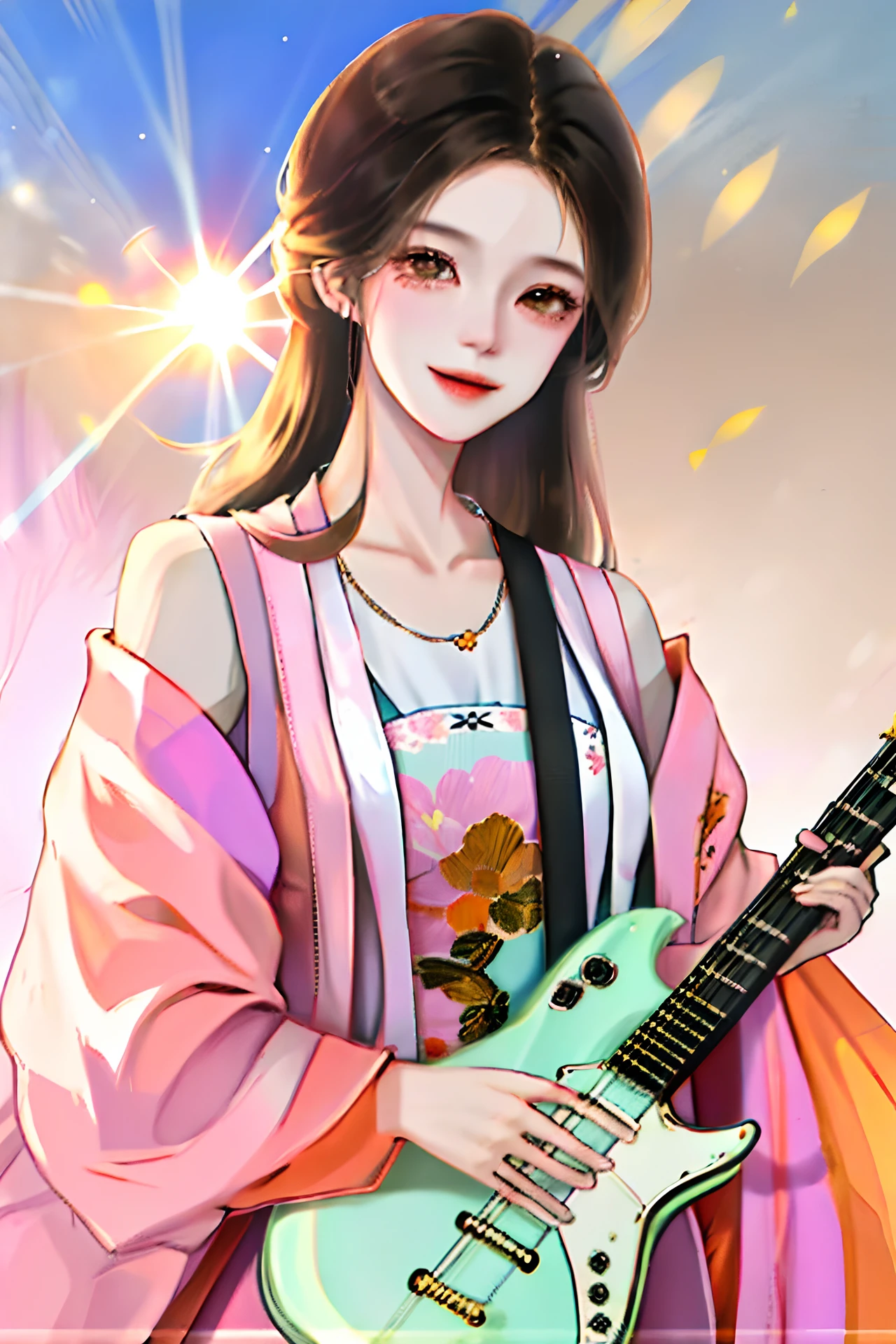 Cute girl,Black hair,Happy hand holding guitar、in the background、Cheerful and bright flowers have long spread all over the place。Pink or orange、Yellow flowers、Depicted as a symbol of joy or happiness、and the sun was shining brightly、Light is expanding the circle of happiness