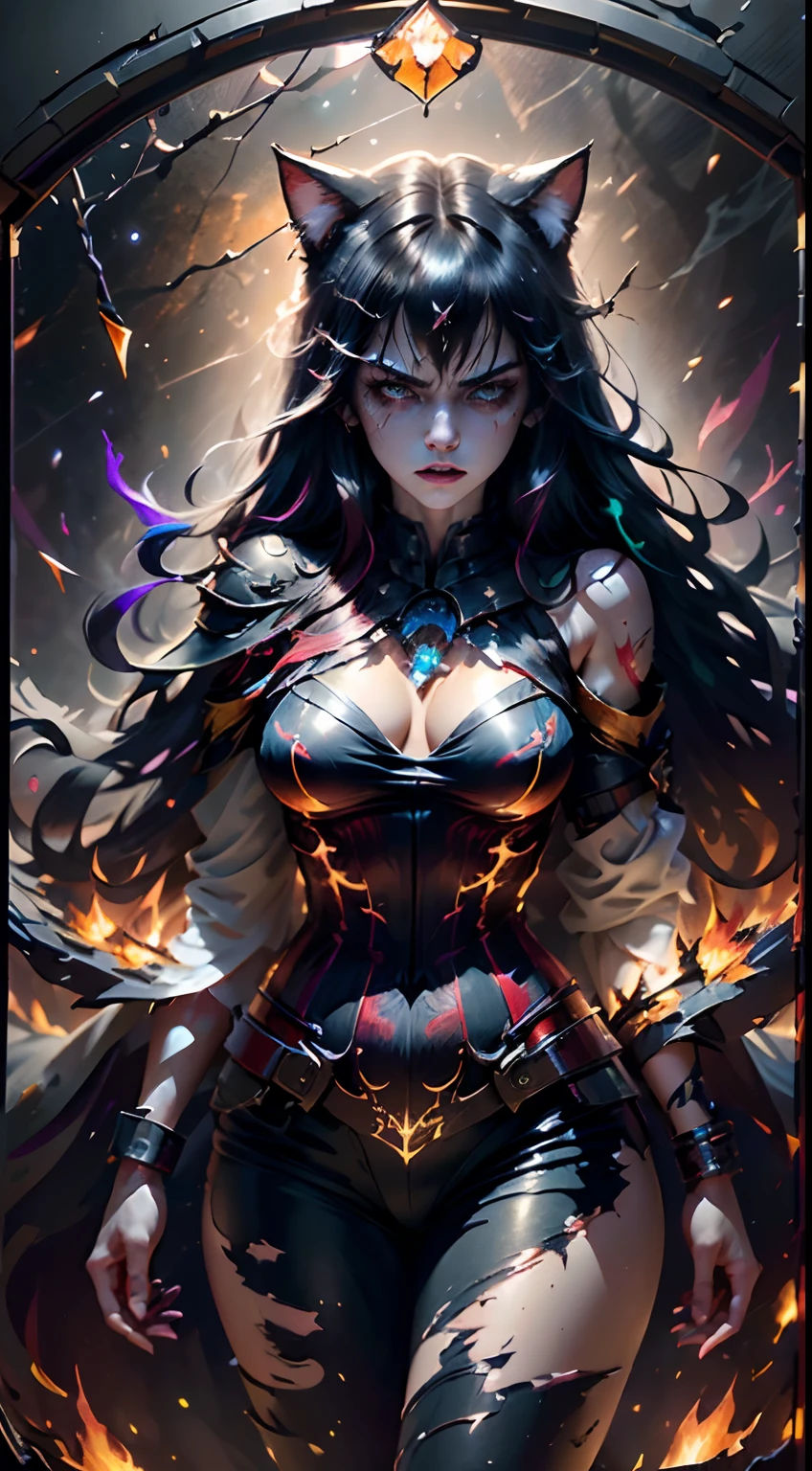[(Colorful Aurora theme:1.3):("Colorful Flames" theme):0.26], [(A lot of brokenness
Stained glass floating around:1.5)::0.7]
(Detailed light), (An extremely delicate and beautiful), volume light, Best shadow, Flash, Depth of field, (Dynamic posing), [NSFW:0.8], Oily skin
(cat ear:1.3), (Cowboy shooting and flames:1.2), (Ivelet:1.3), (Burning hands), (Burning pain
hair:1.2), (Glowing_Tattoo all_polypubic hair_Body:1.3), (Solo), (Flame thorns entangled), (Flaming red cuirass:1.4), [Red bikini|chest plate], (cleavage, medium
milk:1.2), (Evil, Anger:1.3)
(Long black hair, Straight hair), [(colorful aurora_Cloak)::0.2]
(Broken multicolored blazing starry sky:1.5)(Colorful night sky, Burning stars:1.2)