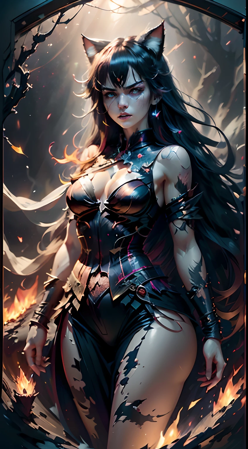 [(Colorful Aurora theme:1.3):("Colorful Flames" theme):0.26], [(A lot of brokenness
Stained glass floating around:1.5)::0.7]
(Detailed light), (An extremely delicate and beautiful), volume light, Best shadow, Flash, Depth of field, (Dynamic posing), [NSFW:0.8], Oily skin
(cat ear:1.3), (Cowboy shooting and flames:1.2), (Ivelet:1.3), (Burning hands), (Burning pain
hair:1.2), (Glowing_Tattoo all_polypubic hair_Body:1.3), (Solo), (Flame thorns entangled), (Flaming red cuirass:1.4), [Red bikini|chest plate], (cleavage, medium
milk:1.2), (Evil, Anger:1.3)
(Long black hair, Straight hair), [(colorful aurora_Cloak)::0.2]
(Broken multicolored blazing starry sky:1.5)(Colorful night sky, Burning stars:1.2)