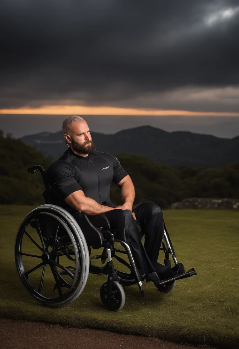 Homem cadeirante, wheelchair user, paraplegic, cadeira de rodas realista, cadeira de rodas detalhado, Real wheelchair athletic body, detailed muscles, corpo peludo, Cabelo, cabelo blondie, rosto sorridente, olhos azuis, Saqueira, fotografia, Ultra realista, Uplighting, alta qualidade, menos contraste, ambiente de quarto