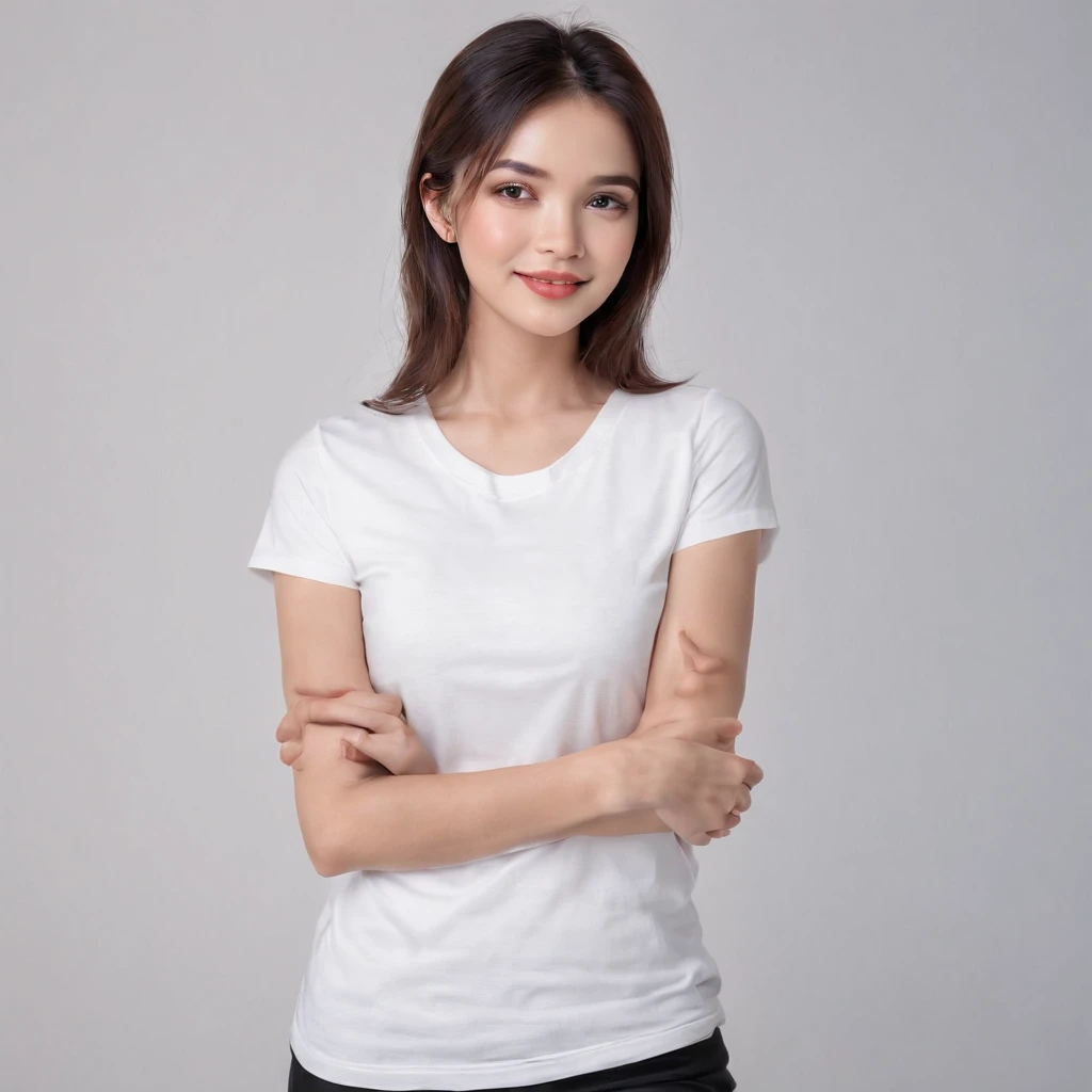 (photo: 1.3) af (realism: 1.3), (((white t-shirt))), super high resolution, (realism: 1.4), 1 girl, female avatar, soft light, black hair, smile, Facial focus, (( (white T-shirt))), cheerful, smiling, (short hair lady),, young, confident,, ((solid color background)), (((blank background))), high definition, details, perfect picture ,Movie quality,Ultra HD,female head portrait,beautiful girl,young and beautiful,exquisite face,elegant and luxurious