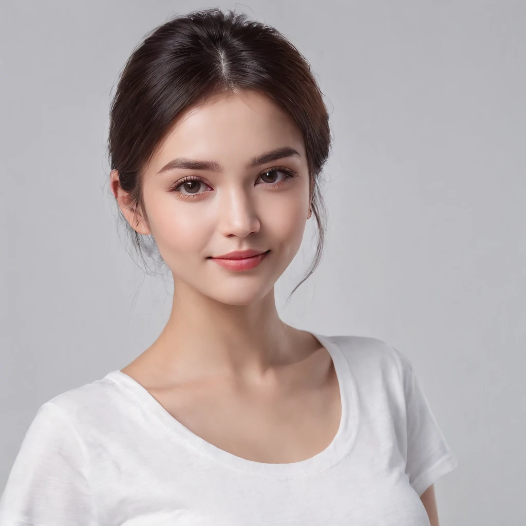 (photo: 1.3) af (realism: 1.3), (((white t-shirt))), super high resolution, (realism: 1.4), 1 girl, female avatar, soft light, black hair, smile, Facial focus, (( (white T-shirt))), cheerful, smiling, (short hair lady),, young, confident,, ((solid color background)), (((blank background))), high definition, details, perfect picture ,Movie quality,Ultra HD,female head portrait,beautiful girl,young and beautiful,exquisite face,elegant and luxurious