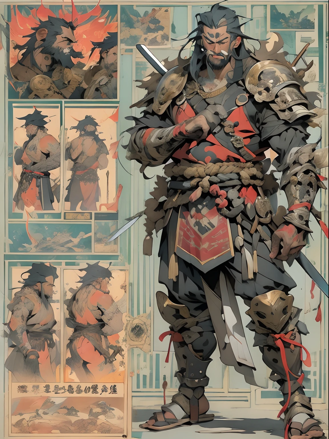 (((mtu))), (((best qualityer))), (((tmasterpiece))), (((AS-Adult))), ((( Japanese ))), Look up from your knees, Handsome Asian samurai,perfect body figure, Modern samurai, ((( Asian))), Wear gloves on your hands,The left arm is made of steel and metal tips,Made of protective devices, The eyes are pulled, (( Appears below the chest )), (( Small dental floss )), Simon Bisley, Almost naked(Simon Bisley)Castle City Wilderness,For high-resolution posters, hair straight, Minimum clothing, armure (Crazy clothes ), Full of tips and rivets, tribal tattoos, (((full bodyesbian))), Straight brunette hair,Colored hair ends