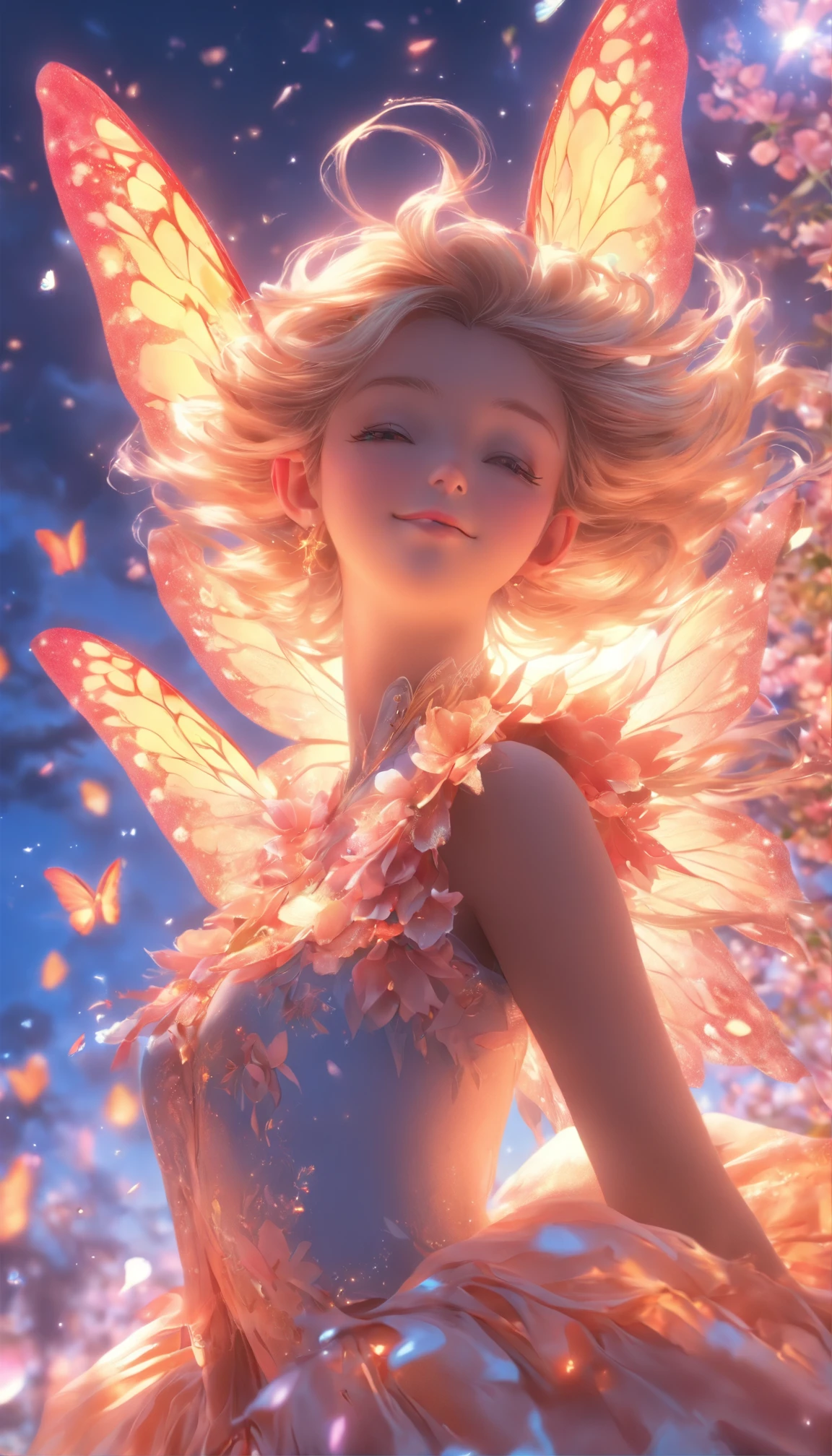 one-girl,(full bodyesbian:1.5),Elves in flowers,A pair of transparent butterfly wings,Colorful wings,(A skirt composed of petals:1.5),The petals float into the sky,(Petals of various flowers),best qualtiy,tmasterpiece,Photorealsitic,Photorealistic image quality,The dawn effect,Beam light