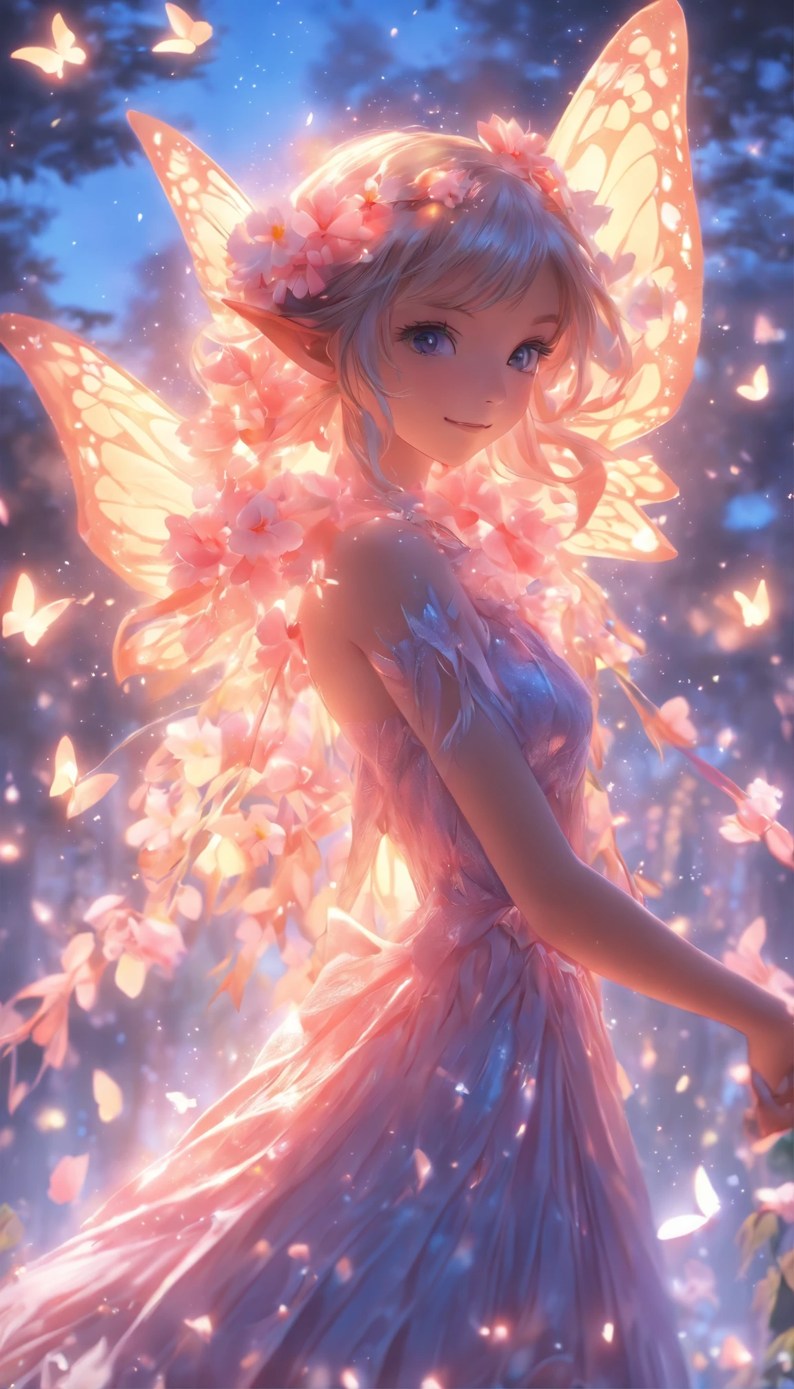 one-girl，(full bodyesbian:1.5)，Elves in flowers，A pair of transparent butterfly wings，Colorful wings，（A skirt composed of petals：1.5），The petals float into the sky，（Petals of various flowers），best qualtiy，tmasterpiece，Photorealsitic，Photorealistic image quality，The dawn effect，Beam light