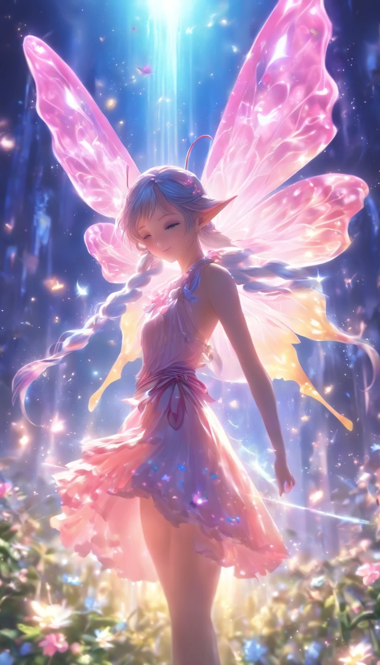 one-girl,(full bodyesbian:1.5),Elves in flowers,A pair of transparent butterfly wings,Colorful wings,(A skirt composed of petals:1.5),The petals float into the sky,(Petals of various flowers),best qualtiy,tmasterpiece,フォトリアリスティック,Photorealistic image quality,The dawn effect,Beam light