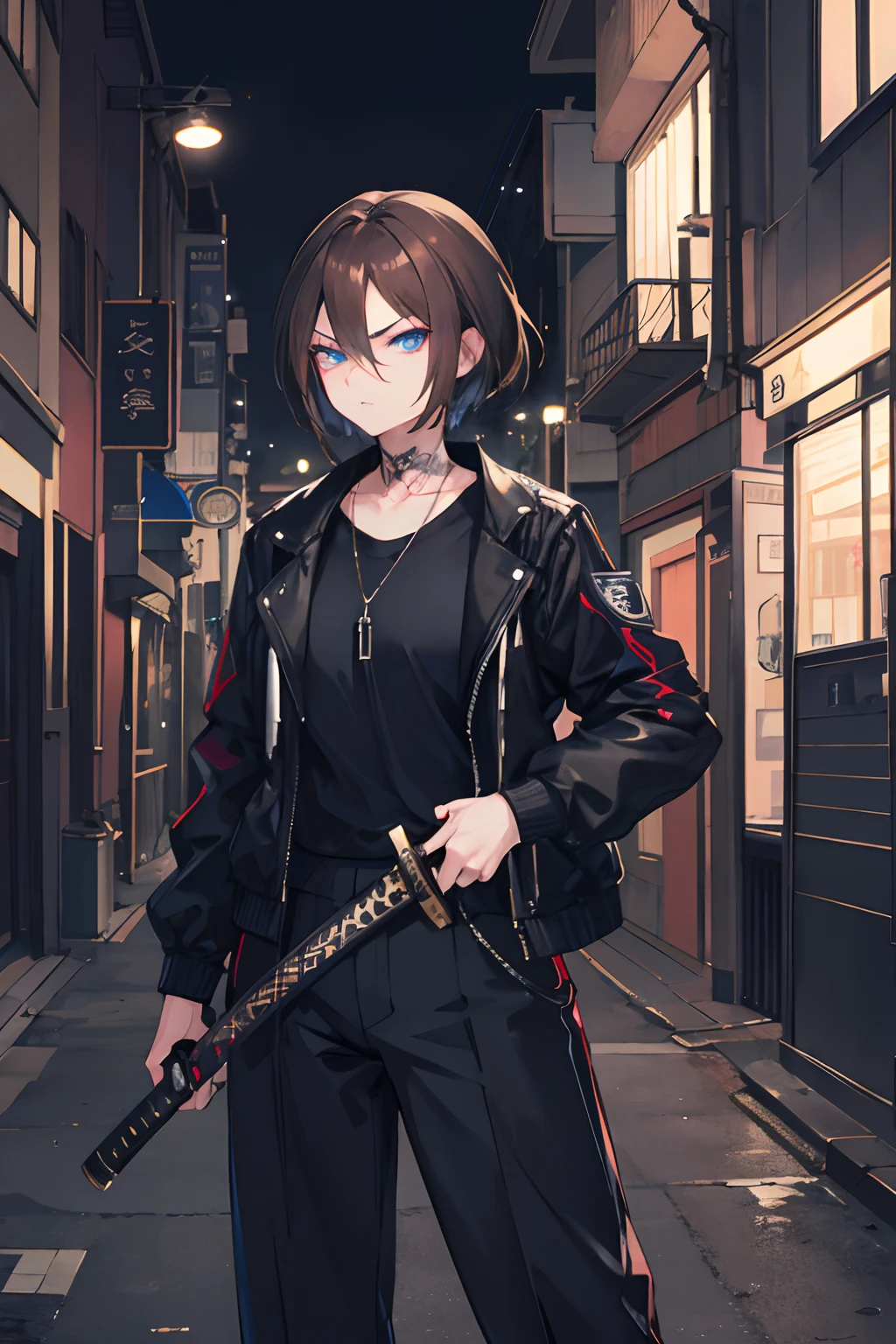 A old woman, brown hair and blue eyes, short hairstylist, black jacket, long white trousers, street, night, use katana, badass, glare, tatoo in hand