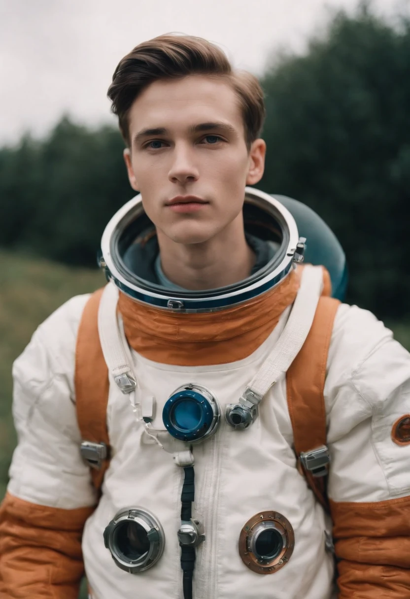 Portra 400 high dpi film scan,A young man, astronaut Fashion Editorial for an astronaut, the firmament, analog fashion portrait,medium shot