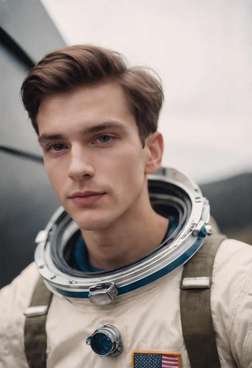 Portra 400 high dpi film scan,A young man, astronaut Fashion Editorial for an astronaut, the firmament, analog fashion portrait,medium shot