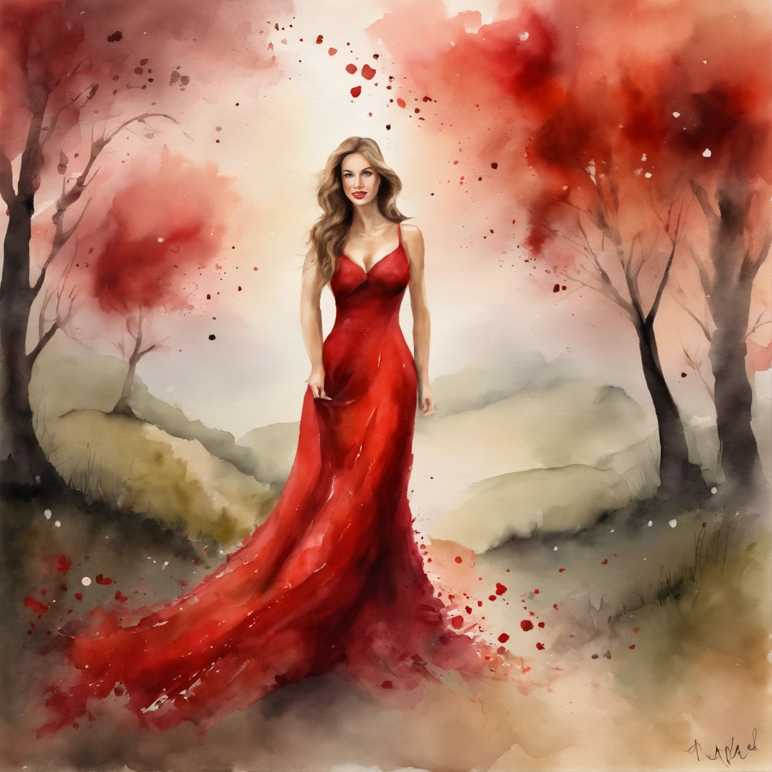 Mulher com vestido vermelho comprido, usando batom vermelho, uma rosa vermelha no cabelo, grande profundidade de campo, Arte Digital, obra prima, Qualidade UHD". RPG