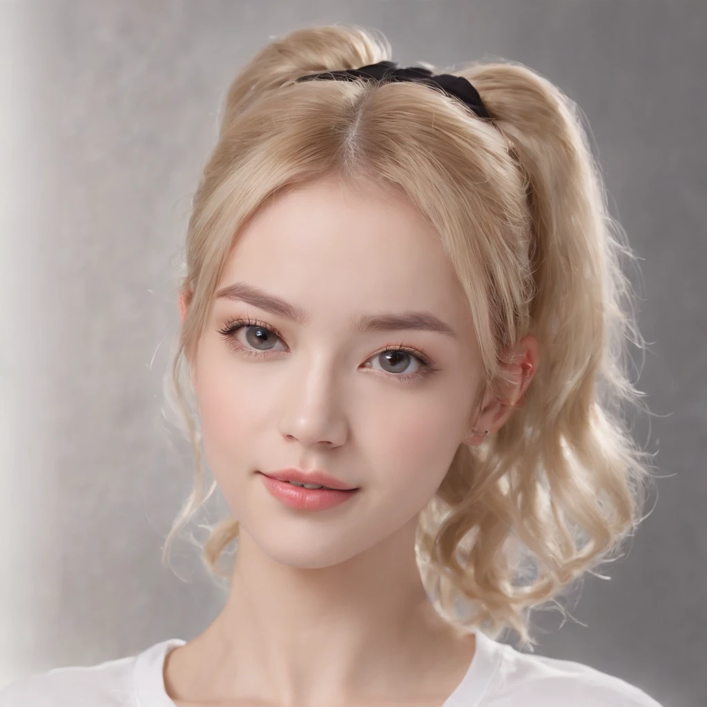 (photo: 1.3) af (realism: 1.4), (((white T-shirt))), (blonde hair, twin tails), super high resolution, (realism: 1.4), 1 girl, female avatar, soft Light, short hair, facial focus, cheerful, young, confident, ((gray background)), (((monochrome background))), high definition, details, slightly looking up, perfect picture, movie quality, ultra high definition, female avatar, Beautiful girl, young and pretty, delicate face, elegant and luxurious