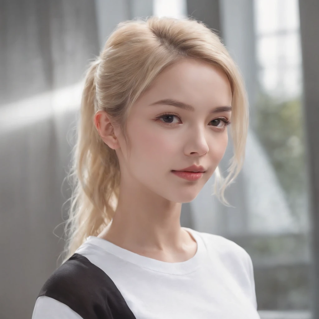 (photo: 1.3) af (realism: 1.4), (((white T-shirt))), (blonde hair, twin tails), super high resolution, (realism: 1.4), 1 girl, female avatar, soft Light, short hair, facial focus, cheerful, young, confident, ((gray background)), (((monochrome background))), high definition, details, slightly looking up, perfect picture, movie quality, ultra high definition, female avatar, Beautiful girl, young and pretty, delicate face, elegant and luxurious
