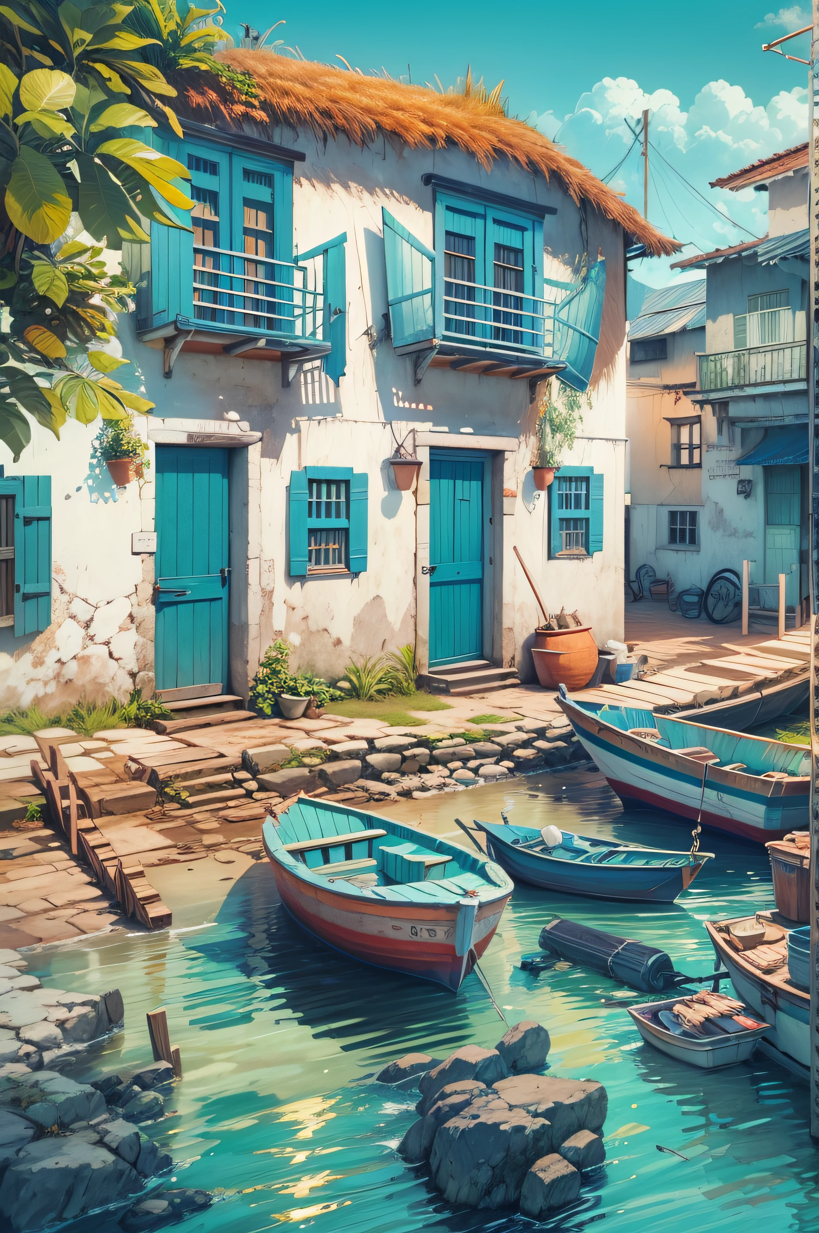 Seaside cottage, Blue sky, Brasil, small boats, the detail, 8k HD, best quality，ultra - detailed, Illustration，Best shadow，masterpiece，A high resolution，professional artwork，famous artwork