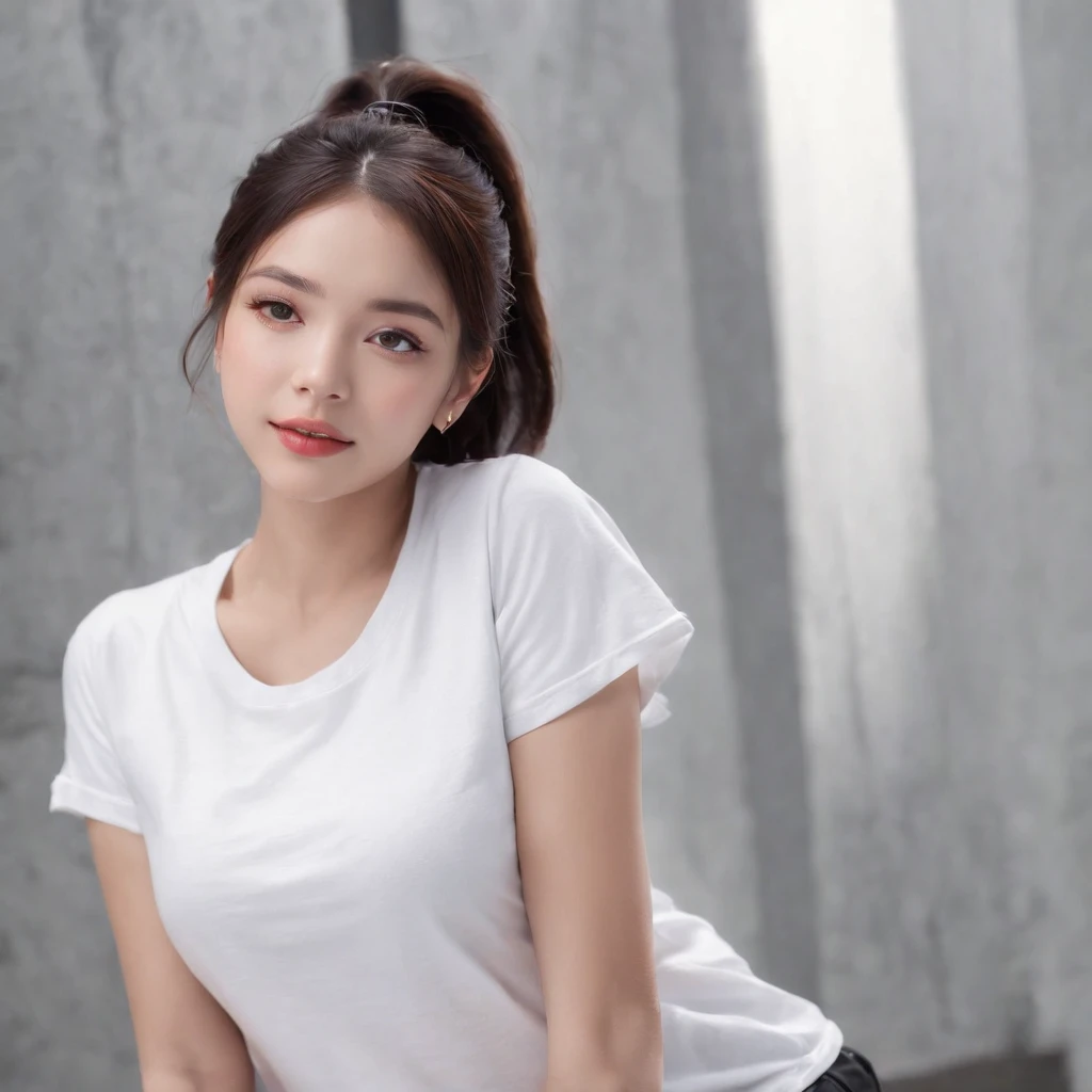 (photo: 1.3) af (realism: 1.4), (((white T-shirt))), (black hair, twin tails), super high resolution, (realism: 1.4), 1 girl, female avatar, Soft light, short hair, facial focus, cheerful, young, confident, ((gray background)), (((monochrome background))), high definition, details, slightly looking up, perfect picture, movie quality, ultra high definition, female avatar , beautiful girl, young and pretty, delicate face, elegant and luxurious