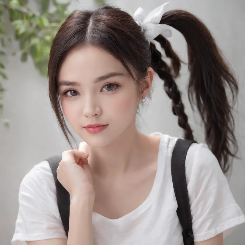 (photo: 1.3) af (realism: 1.4), (((white T-shirt))), (black hair, twin tails), super high resolution, (realism: 1.4), 1 girl, female avatar, Soft light, short hair, facial focus, cheerful, young, confident, ((gray background)), (((monochrome background))), high definition, details, slightly looking up, perfect picture, movie quality, ultra high definition, female avatar , beautiful girl, young and pretty, delicate face, elegant and luxurious