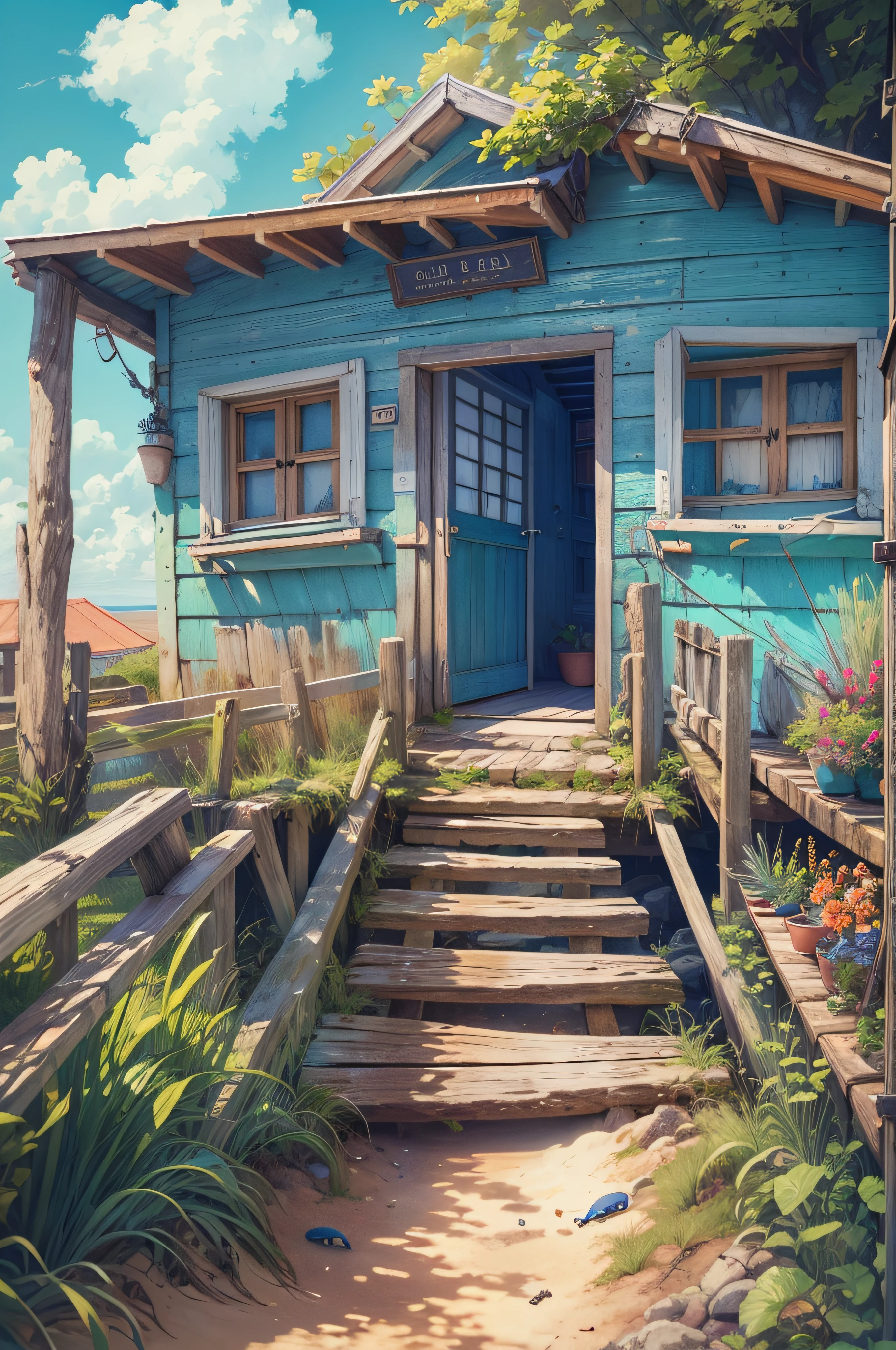 Seaside cottage, Blue sky, Brasil, small boats, the detail, 8k HD, best quality,ultra - detailed, Illustration,Best shadow,masterpiece,A high resolution,professional artwork,famous artwork