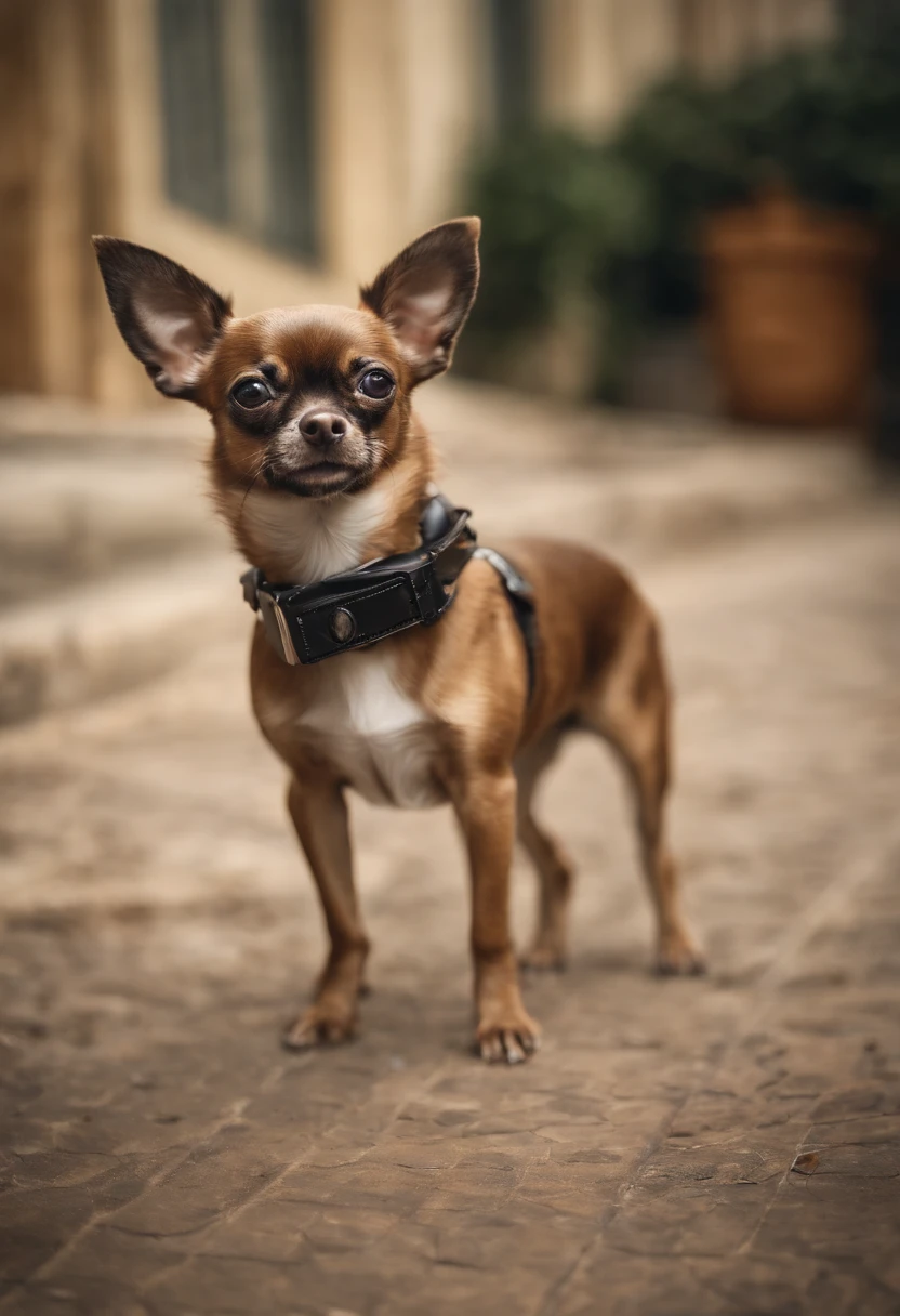 Make a Chihuahua standing with a cell phone in hand