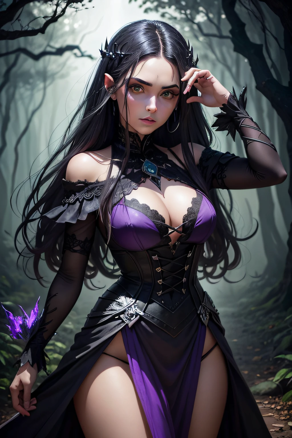 uma bruxa , with powers of darkness , de longos cabelos loiros, e green eyes, purple gothic dress, em uma floresta com corvos em volta de si ,