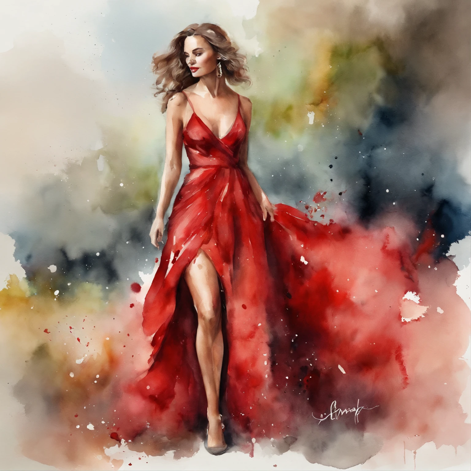 Mulher com vestido vermelho comprido, usando batom vermelho, uma rosa vermelha no cabelo, grande profundidade de campo, Arte Digital, obra prima, Qualidade UHD". RPG